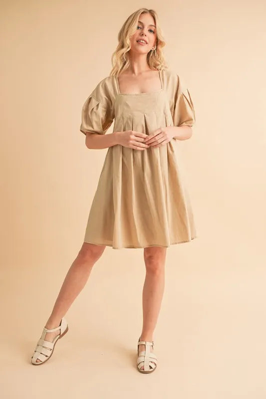 Beige Babydoll Dress with Pockets - Flowy Short Sleeve Loose Fit Mini Dress for Women | Perfect for Summer, Beach, Date Night & Casual Outings