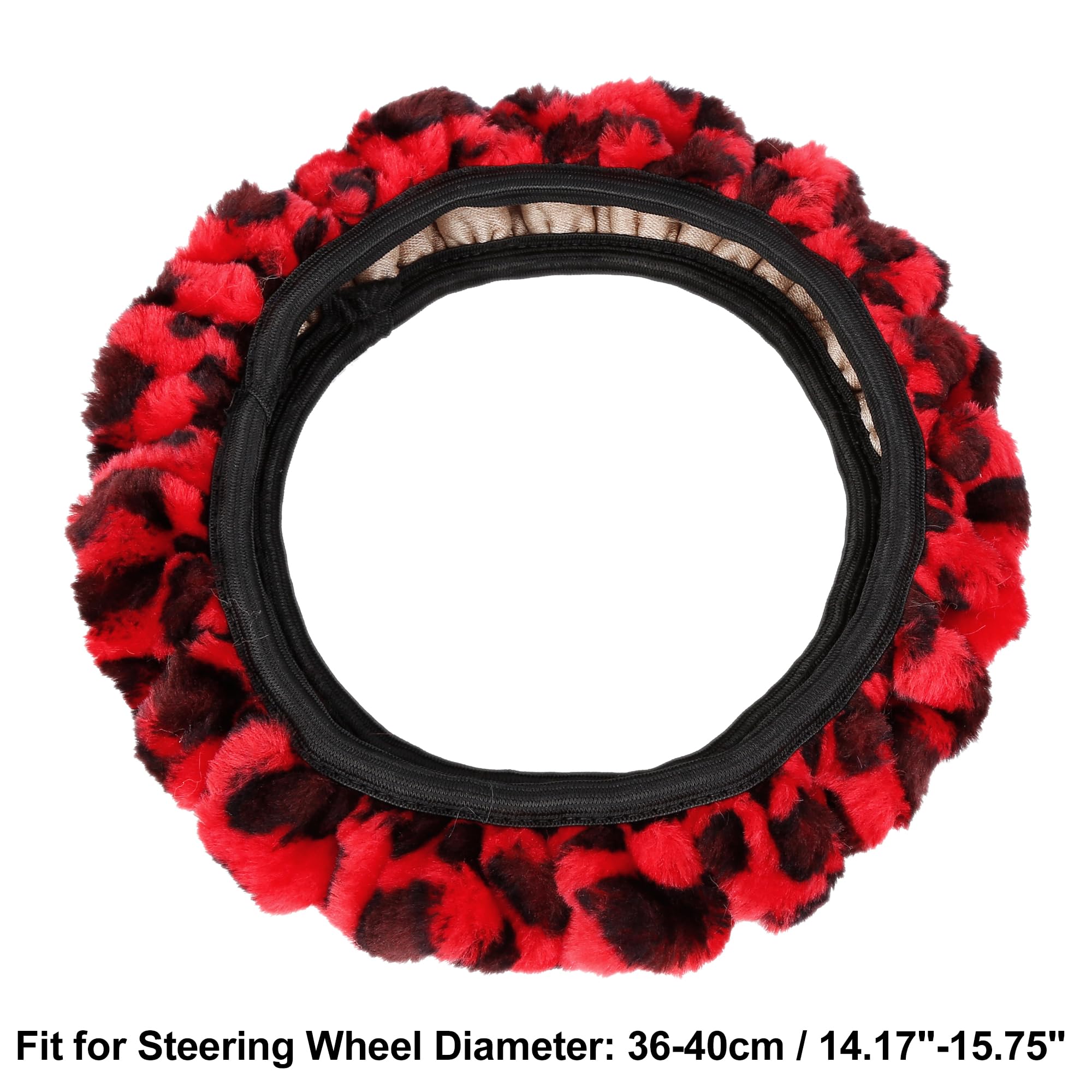 X AUTOHAUX Universal Elastic Leopard Print Fluffy Steering Wheel Cover & Handbrake Gear Shift Cover Set - Red | Soft Grip for Comfort & Style | Perfect for Winter Driving & Car Interior Decoration