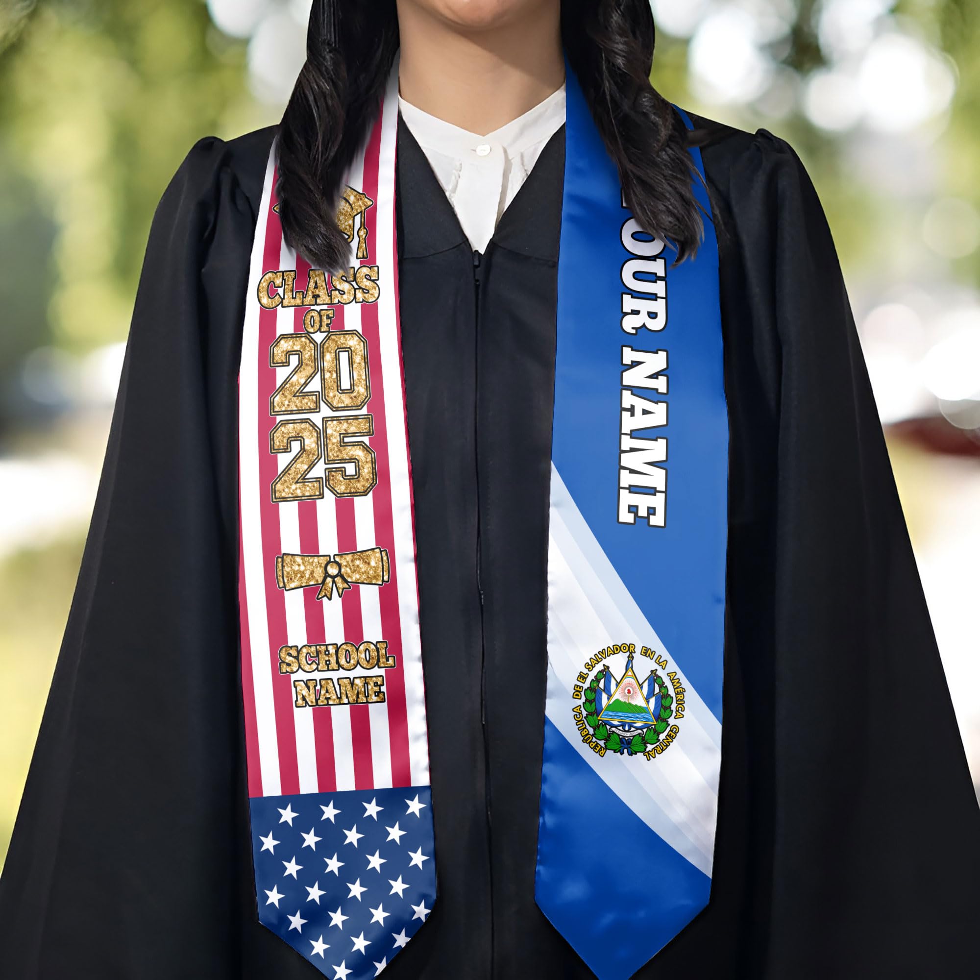 Custom Salvadoran Graduation Sash with El Salvador Flag Design - Personalized Graduation Stole for Salvadoran-American Students - Perfect for High School & College Graduation Ceremonies
