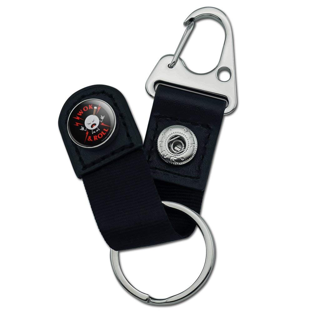 Funny Wok and Roll Rock Humor Keychain with Leather Fabric Belt Clip & Carabiner - Perfect for Gifts, Keyrings, Backpacks & Everyday Carry (ECS)