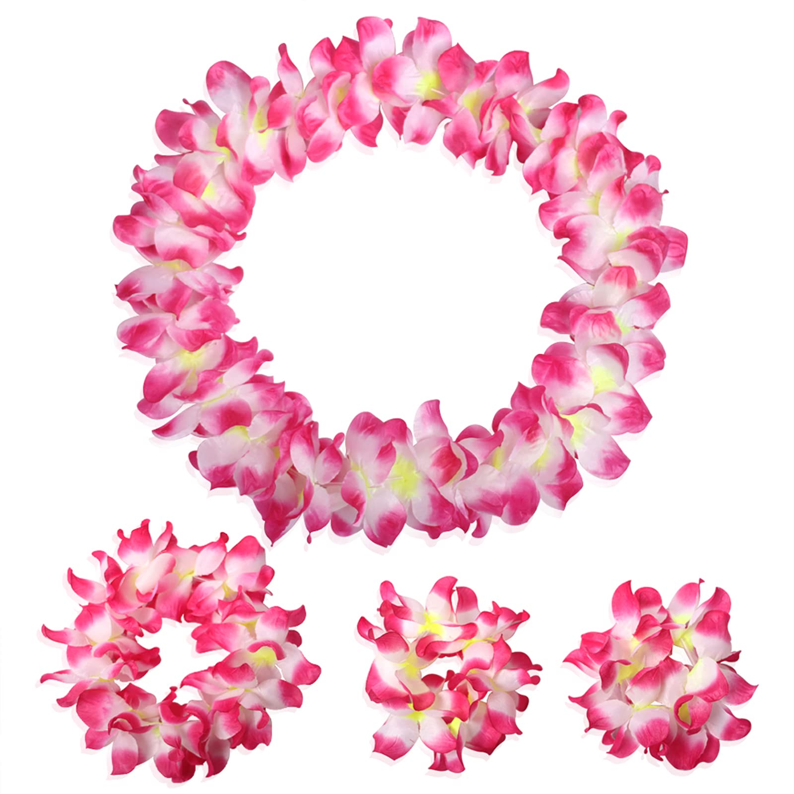 Hawaiian Leis Headband & Wristbands Set - Tropical Flower Hair Clips, Luau Necklace & Headpiece for Women - Summer Beach Pool Party, Cosplay, Birthday Decorations - Rose Design for Hawaiian Theme Parties & Vacation Accessories