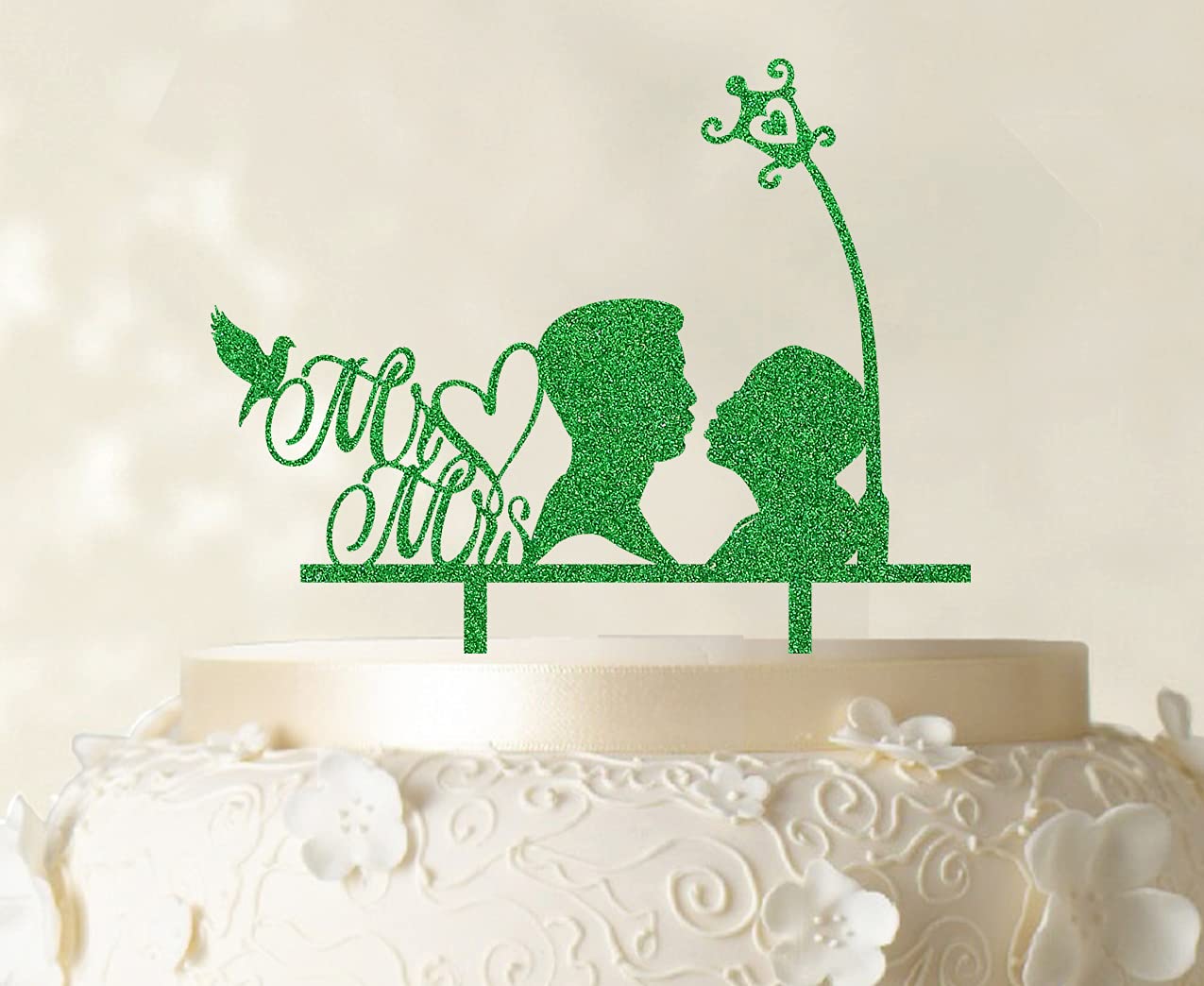 Mr & Mrs Wedding Cake Topper with Birds & Hearts - 6-7 Inch Wide Cake Decorations for Anniversary, Engagement & Bridal Showers - Color Options Available
