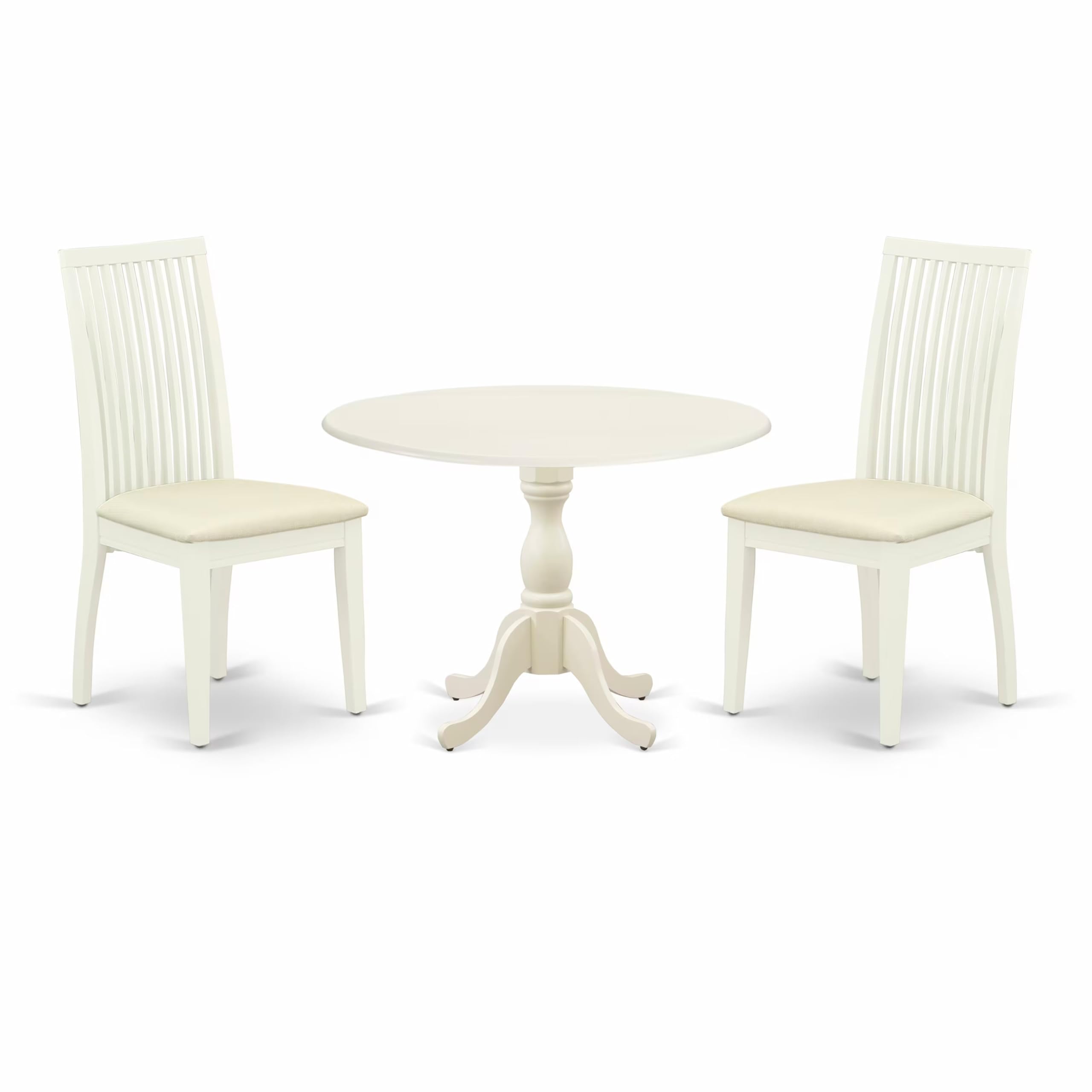 East West Furniture DMIP3-LWH-C 3-Piece White Linen Dining Set with Round Drop-Leaf Table (42x42 Inch) & 2 Upholstered Chairs - Perfect for Small Kitchens, Breakfast Nooks & Cozy Apartments
