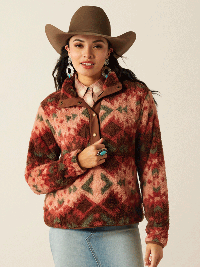 Ariat Women's Berber Snap Front Sweatshirt - Plainsview Print in Rust | Cozy Pullover for Casual Wear, Outdoor Activities & Western Fashion