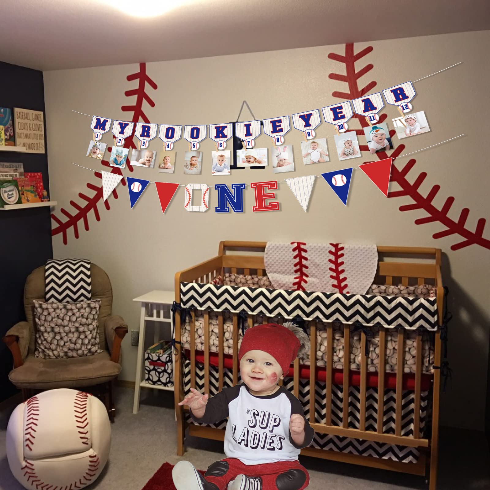 Baseball 1st Birthday Decorations - First Year Photo Banner & My Rookie Year Banner for Boys | Baby's First Birthday Party Supplies | Perfect for Baseball Theme Birthday Parties, Baby Showers & Milestone Celebrations