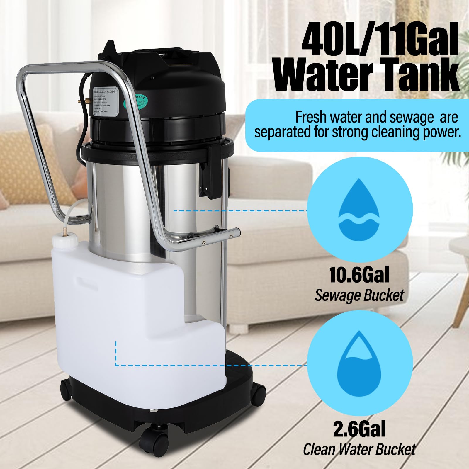 11Gal Commercial Carpet Cleaning Machine - 3-in-1 Carpet Extractor, Sprayer & Vacuum Washer with 1000W Motor & 40L Tank for Deep Cleaning Carpets, Upholstery & Auto Detailing | Perfect for Hotels, Offices & Car Wash Businesses