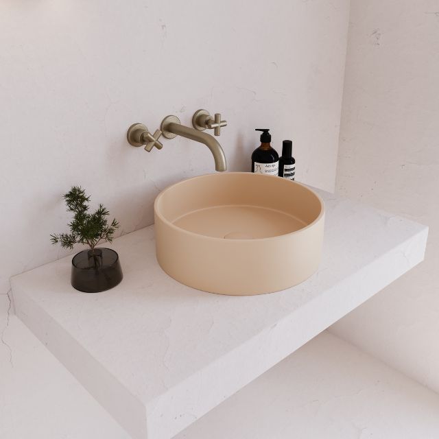 Eight Quarters 390mm Round Concrete Countertop Basin in Oat - Modern Farmhouse Bathroom Sink for Powder Rooms and Vanities