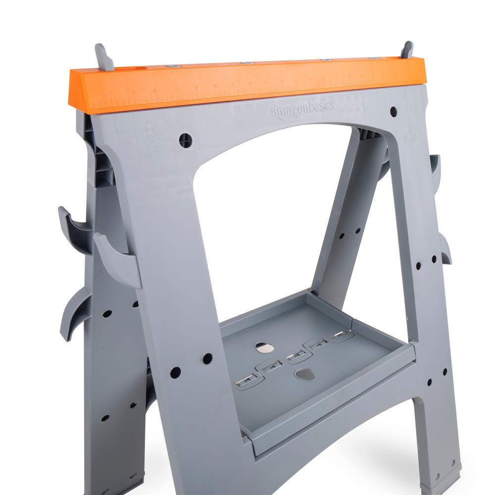 Amazon Basics Heavy Duty Folding Sawhorse Set of 2 - 900 lb Capacity, Adjustable Height Workbench Support for Woodworking, Construction, Painting Projects (Orange & Grey)