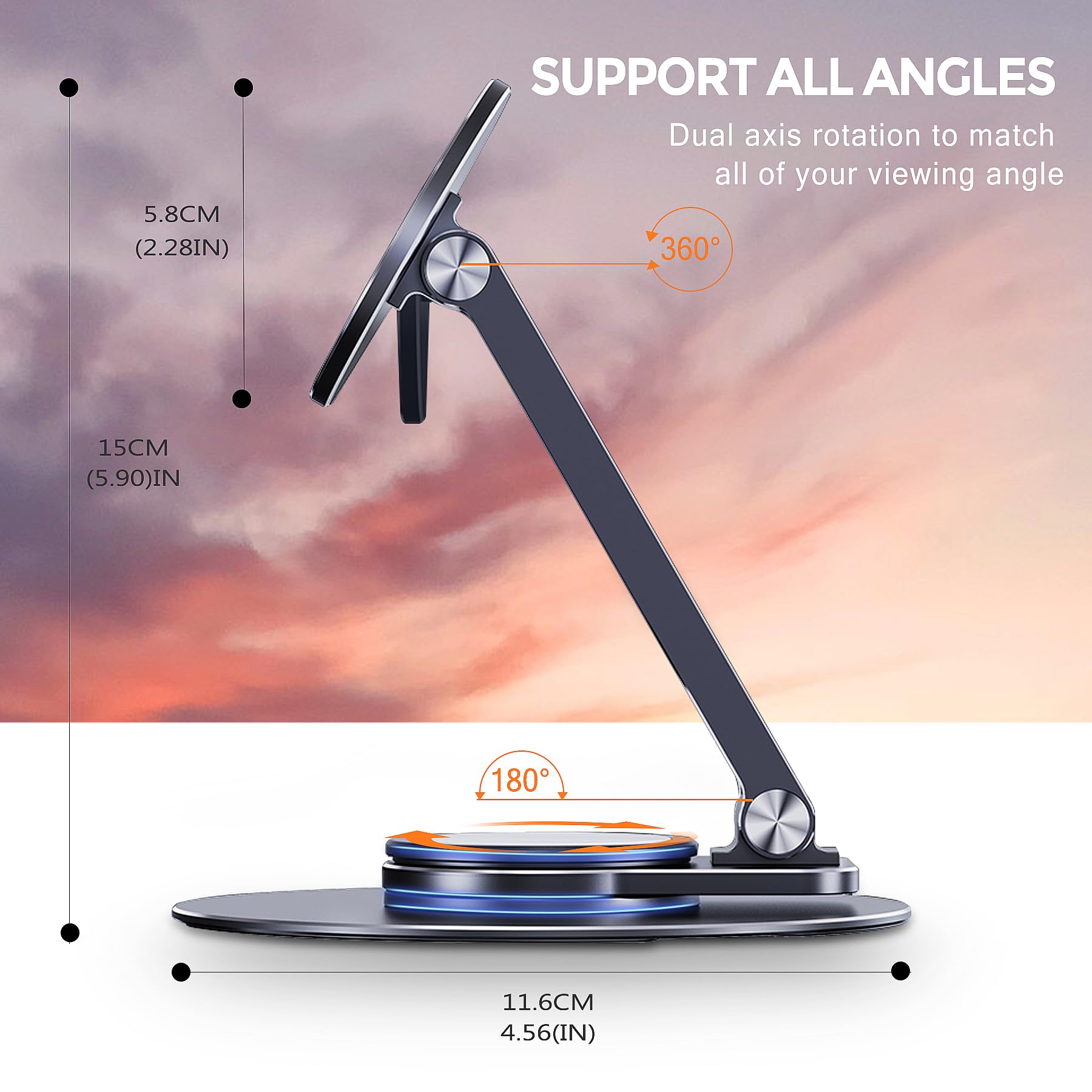 Lucrave Aluminum Magnetic Phone Stand for Desk - 360° Rotatable Adjustable Holder Compatible with iPhone 16/15/14/13 Pro Max/Plus, Galaxy S24 Ultra/S23 & Pixel 8 - Portable Travel Phone Stand (Black) | Perfect for Office, Home, Car & Travel Use