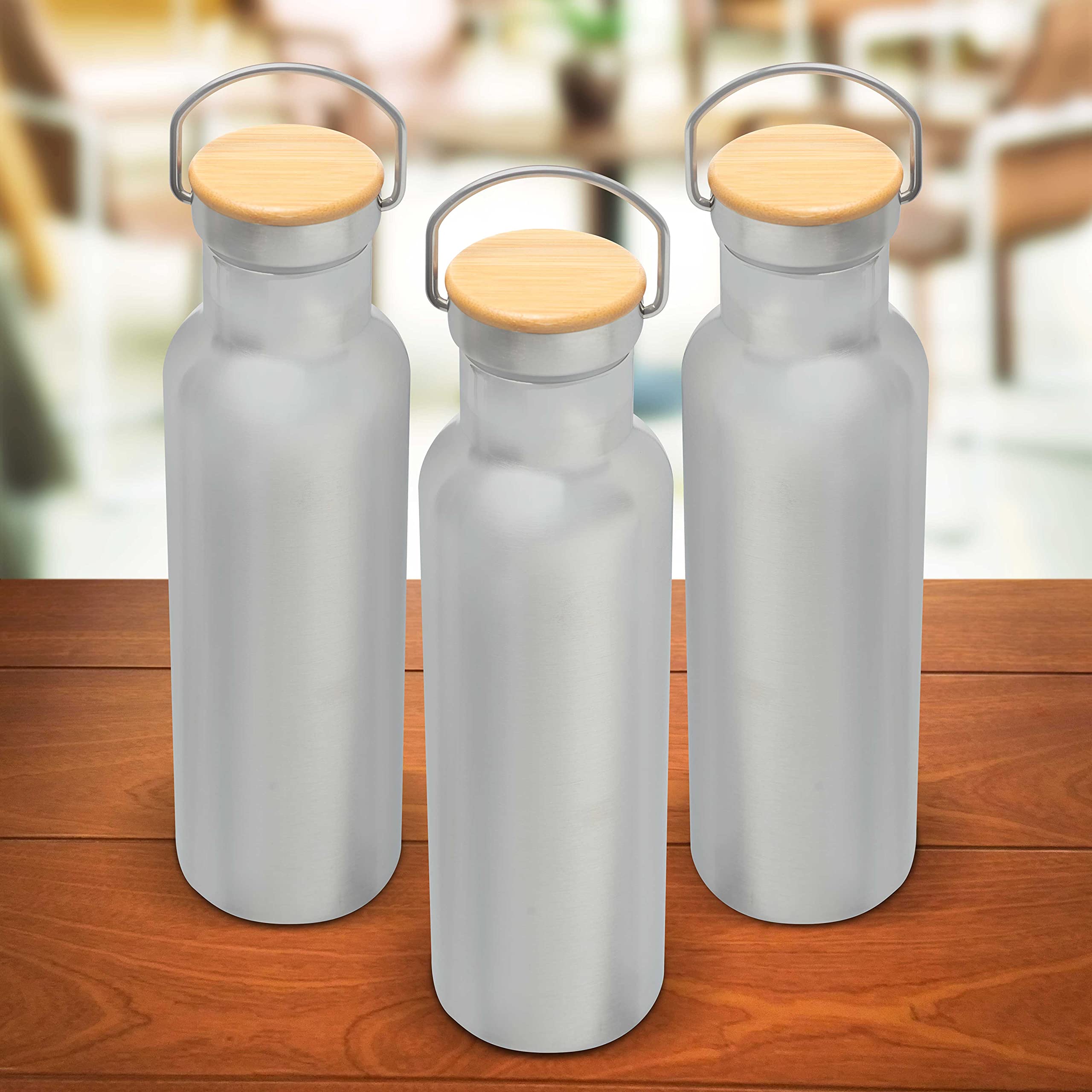 6-Pack Stainless Steel Water Bottles with Wooden Lid - 20oz Double Wall Insulated, BPA-Free, Leak Proof (Silver) - Perfect for Gym, Hiking, Office & Travel