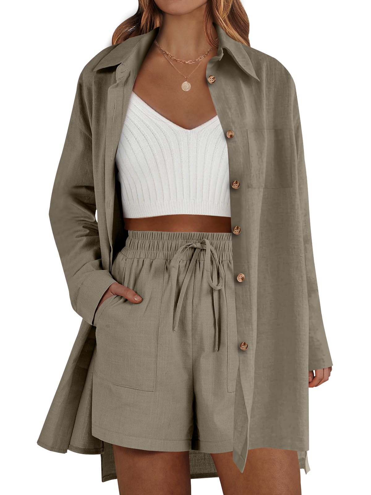 ANRABESS Women's 2-Piece Lounge Set - Long Sleeve Button Down Shirt & Shorts Pajama Set, Oversized Comfort Wear for Sleep, Yoga & Home Relaxation