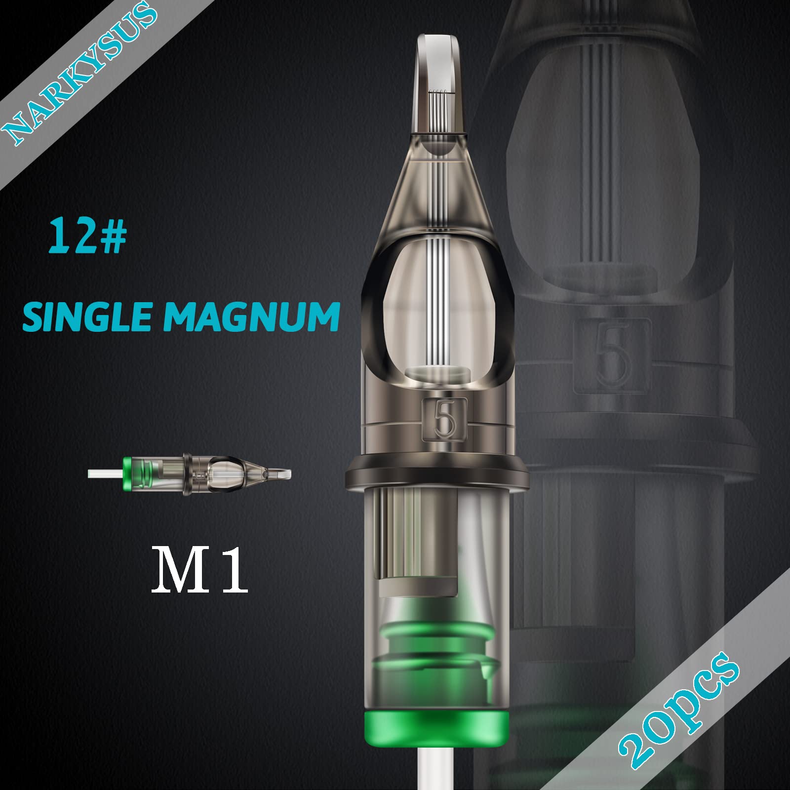 20pcs Magnum Needles - Narkysus 1207M1 Standard 0.35mm Single Magnum Disposable Needles for Rotary Tattoo Machine - Professional Tattoo Artist Supplies for Lining, Shading & Coloring