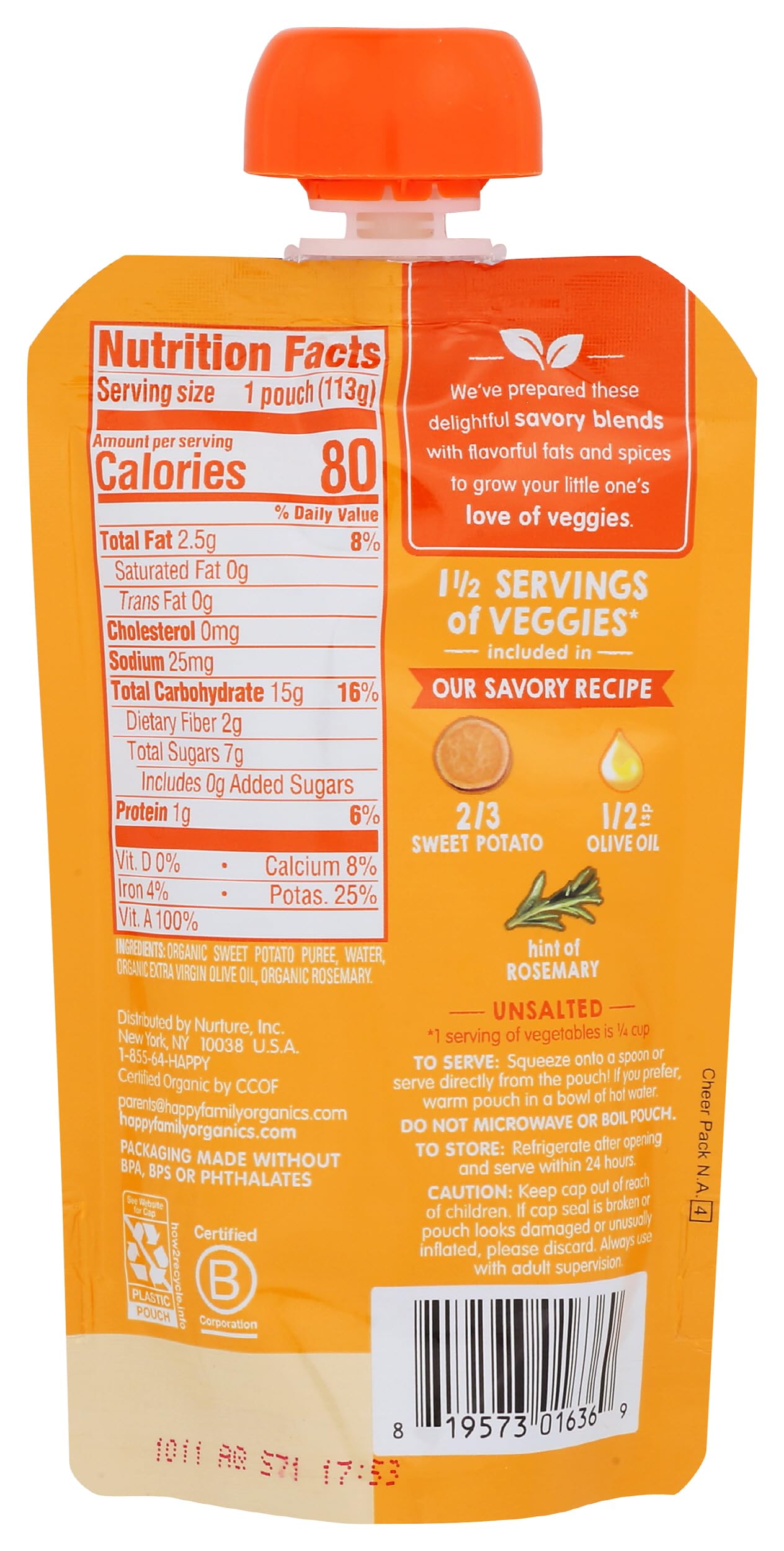 Organic Sweet Potatoes Baby Food with Olive Oil & Rosemary - Happy Baby 4oz Pouch | Healthy & Nutritious First Foods for Infants | Ideal for On-the-Go Feeding & Travel