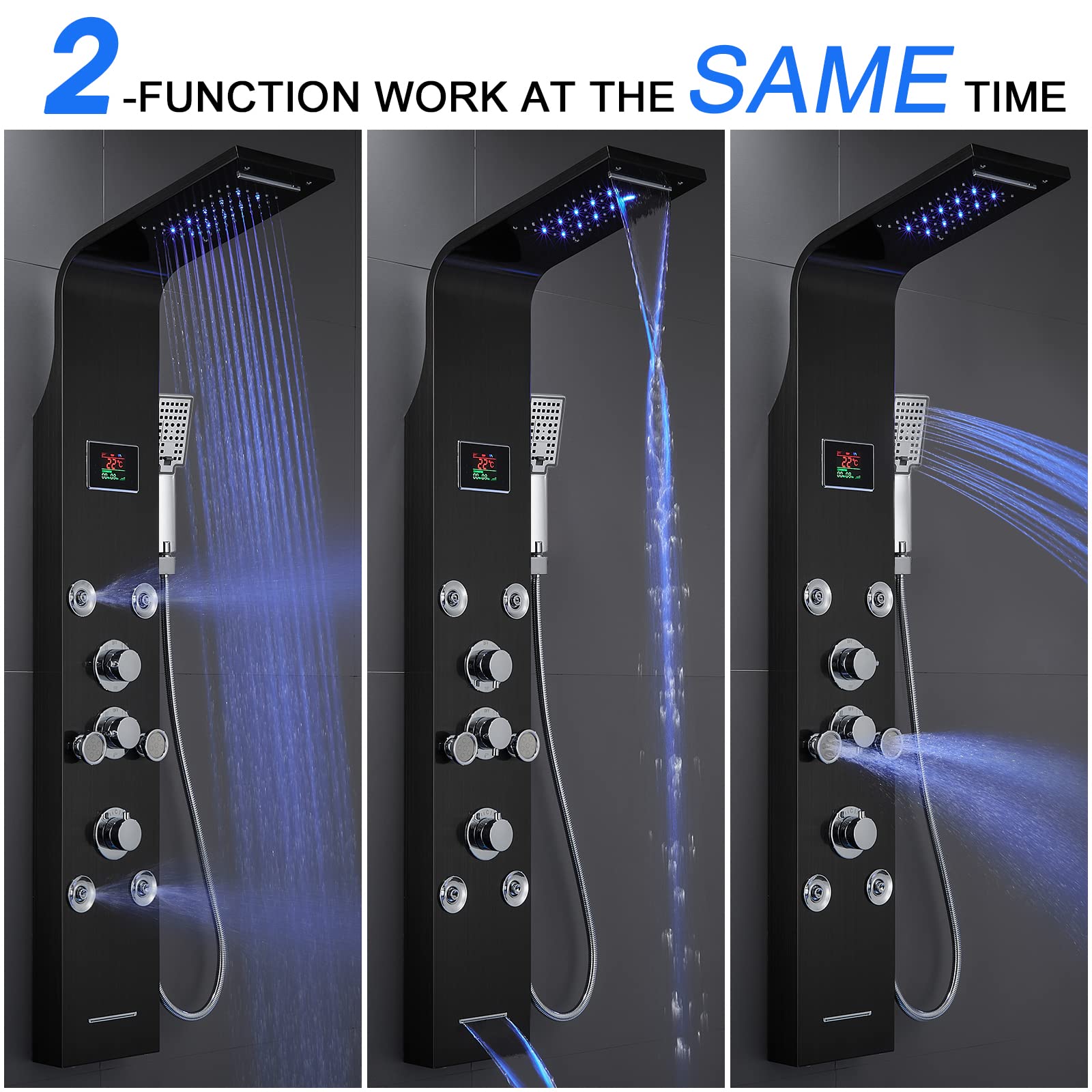 Black Stainless Steel LED Light Shower Panel System with Rainfall Shower Head, Massage Jets & Handheld Spray - Perfect for Modern Bathroom Renovation & Spa-Like Shower Experience