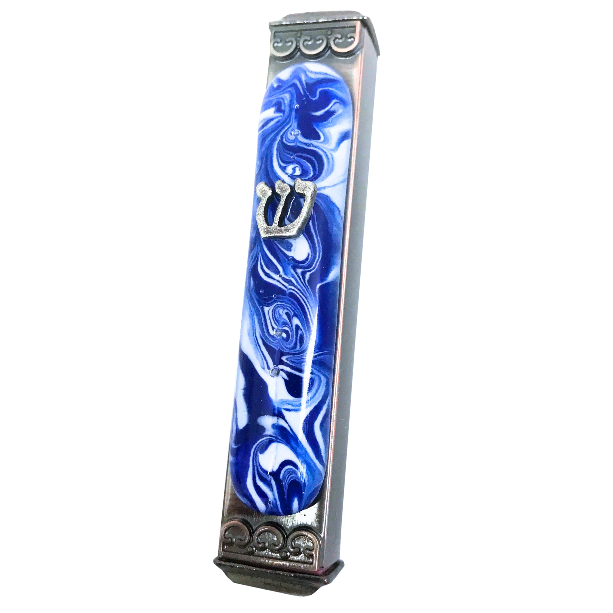 Handmade Tamara Baskin Art Glass Mezuzah - Marbled Blue White | Weatherproof Indoor/Outdoor Use | USA Made