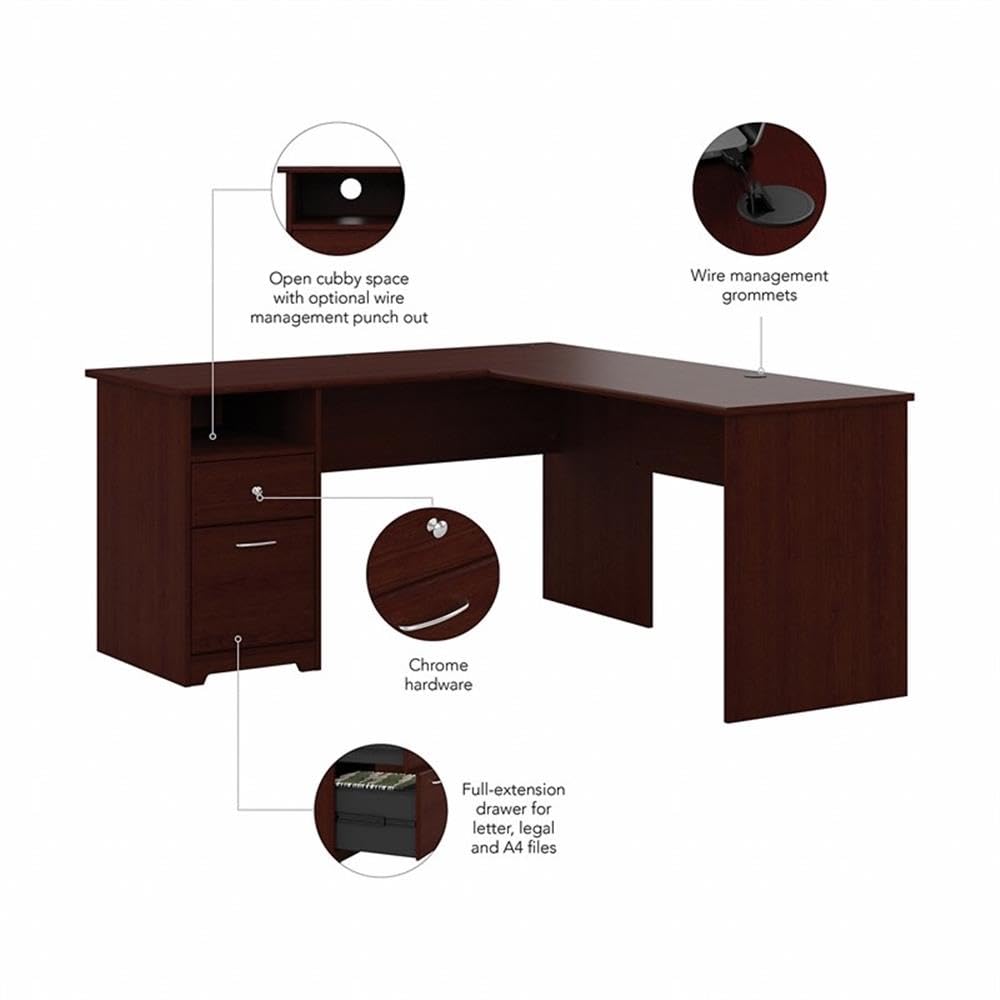 Bush Furniture Cabot L-Shaped Computer Desk with Drawers, 60 Inch Wide, Harvest Cherry Finish - Perfect for Home Office, Gaming Setup & Small Workspaces