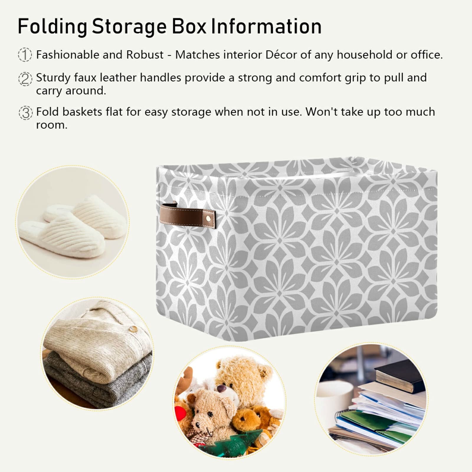 Gray White Floral Storage Basket - Large Collapsible Fabric Bin with PU Handles for Home Organization | Perfect for Shelves, Closet, Nursery & Laundry Room (1-Pack)