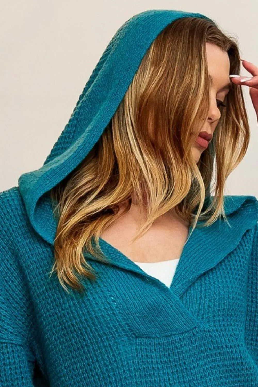 BiBi Raw Edge Detail V Neck Sweater Hoodie for Women - Cozy Pullover Knit Top for Fall & Winter | Perfect for Casual Outfits, Layering and Outdoor Activities