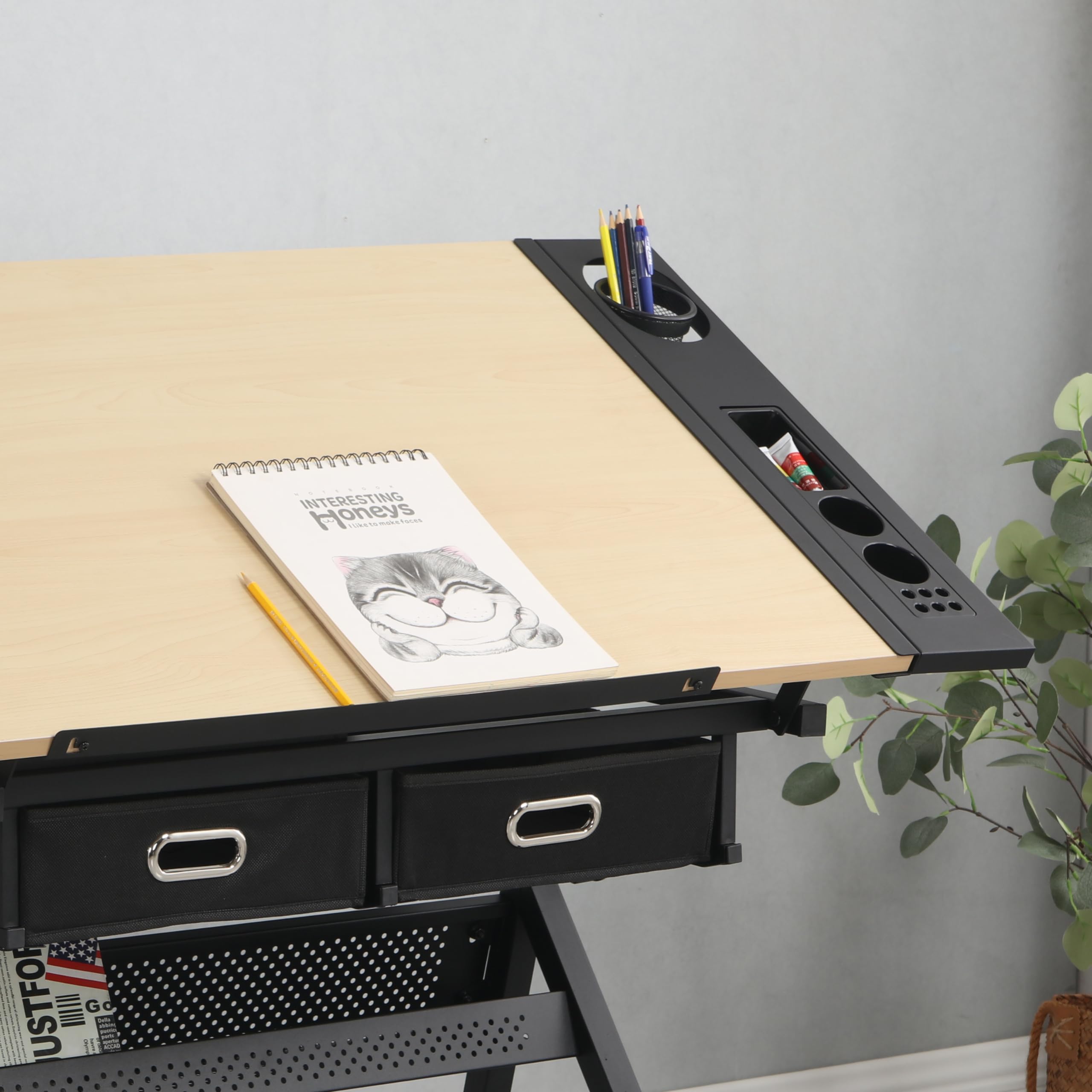 Adjustable Drawing Drafting Table with 2 Non-Woven Storage Drawers & Stool - Solid Wood & MDF Top, Metal Frame - Home Office & School Art Studio Furniture - Perfect for Artists, Architects & Students (Natural American White Oak)