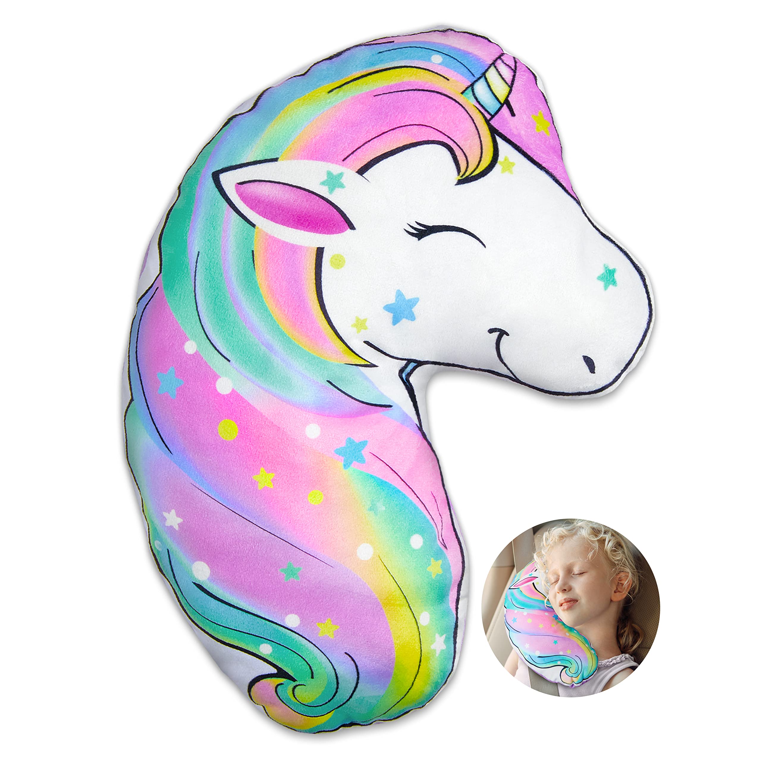 FIODAY Unicorn Seat Belt Cover Pad for Kids - Soft Car Seat Belt Pillow, Toddler Travel Strap Pad with Neck Support for Girls & Boys (Rainbow) - Perfect for Long Road Trips & Airplane Travel