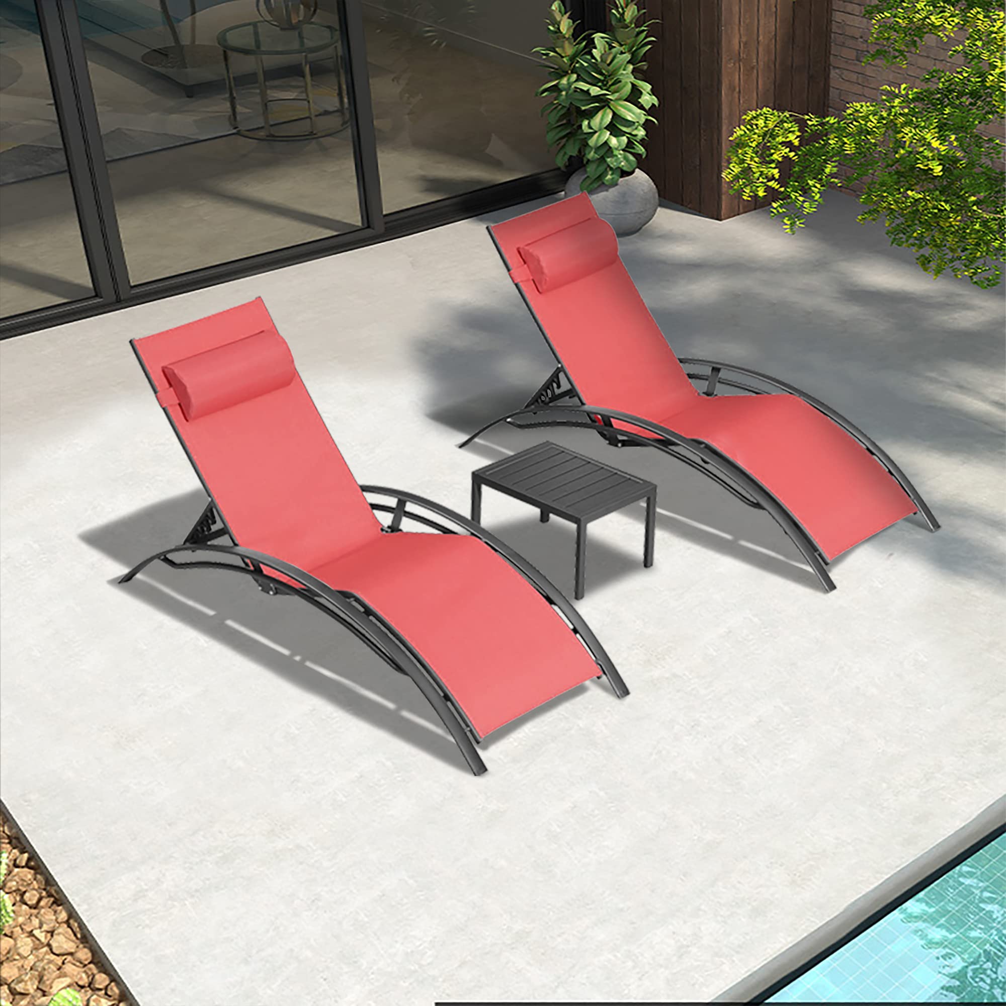 Premium Outdoor Chaise Lounge Chair Set - All-Weather Patio, Pool & Beach Sunbathing Recliner with Side Table (Coral Red) - Perfect for Backyard Relaxation, Seaside Lounging & Poolside Tanning