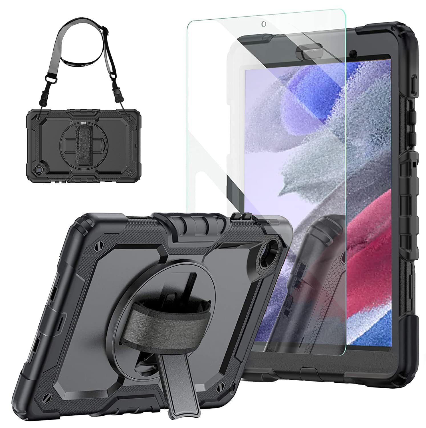 Premium Samsung Galaxy Tab A7 Lite Case 2021 (8.7 Inch) with Tempered Glass Screen Protector & Pencil Holder - Blosomeet Shockproof Kids Tablet Cover for SM-T225/T220/T227 Models - Includes Adjustable Hand Strap, Shoulder Strap & Multi-Angle Stand (Black) - Perfect for School, Travel & Home Learning