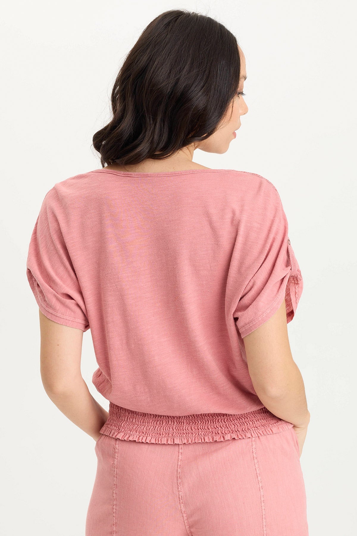 Oko Linen Jersey Cinched Hem T-Shirt - Women's Casual Blouse for Summer, Beach & Everyday Wear