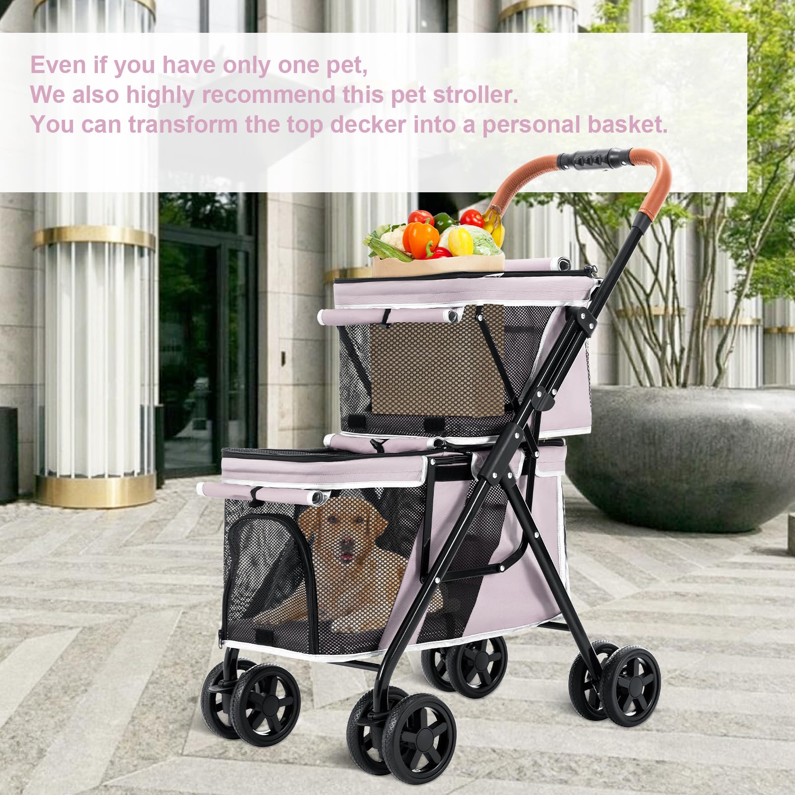 Double Pet Stroller for Dogs and Cats - Lightweight Foldable Travel Carrier with 4 Wheels for Small & Medium Pets (Pink) | Perfect for Park Walks, Vet Visits & Shopping Trips