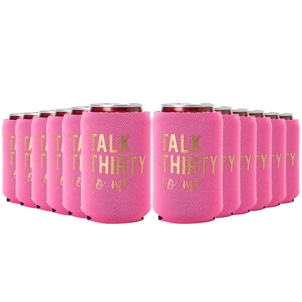 Talk Thirty To Me 30th Birthday Can Coolers - Set of 12 Insulated Cup Sleeves in Black, White, Pink & Gold - Perfect for 30th Birthday Party Decorations, Outdoor BBQs, Pool Parties & Celebrations