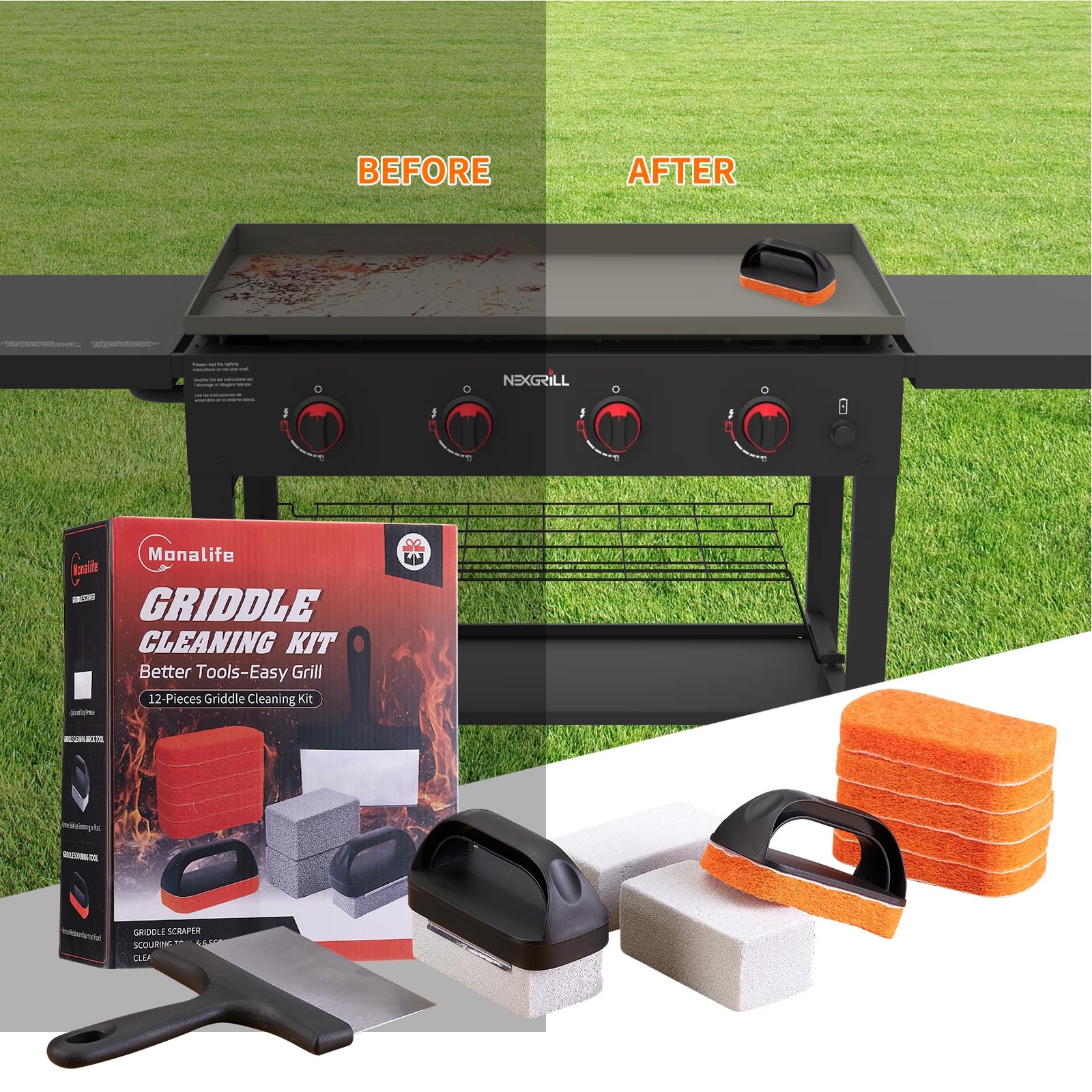 **Blackstone Griddle Cleaning Kit - Heavy Duty Grill Brush Set with Scraper, Scouring Pads & Cleaning Brick for Flat Top Grills - Perfect for Outdoor BBQ, Camping & Backyard Cooking**