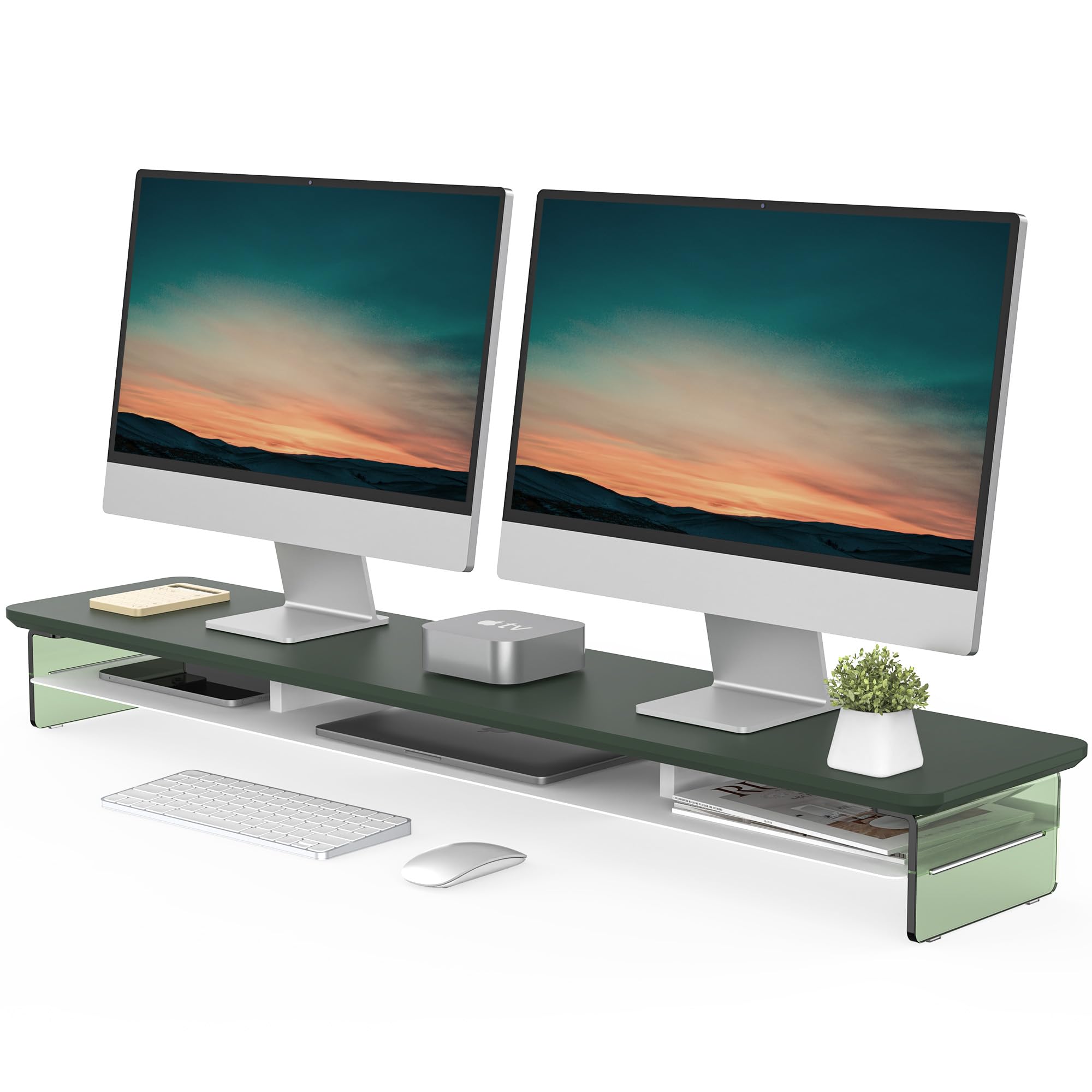 FENGE 2-Tier Acrylic Dual Monitor Stand Riser - 42.5 Inch Wide Computer Monitor Shelf with Storage Organizer for Home Office Desk - Compatible with Laptop, PC, TV (Green) - Perfect for Workspace Organization & Multi-Screen Setup