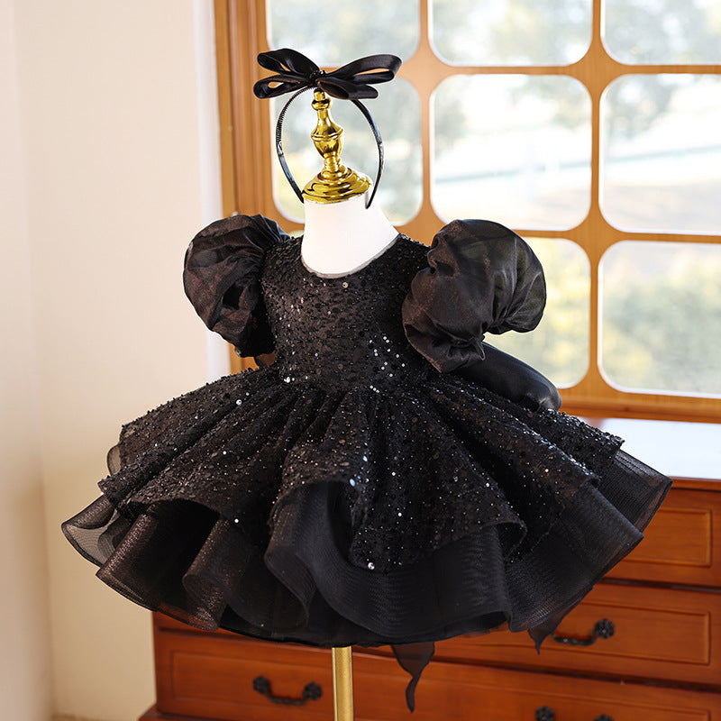 Girls Black Birthday Dress with Puff Sleeves - Elegant Princess Party Gown for Special Occasions | Perfect for Birthday Parties, Pageants, and Formal Events