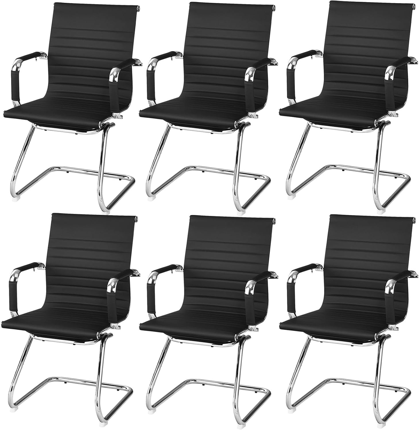 Powerstone Office Conference Room Chairs - Set of 2 No-Wheel Guest Chairs with Metal Sled Base, Mid Back PU Leather & Armrests - Black Reception Chairs for Meeting Rooms, Waiting Areas & Office Lobbies (Perfect for Corporate, Hotel & Clinic Settings)