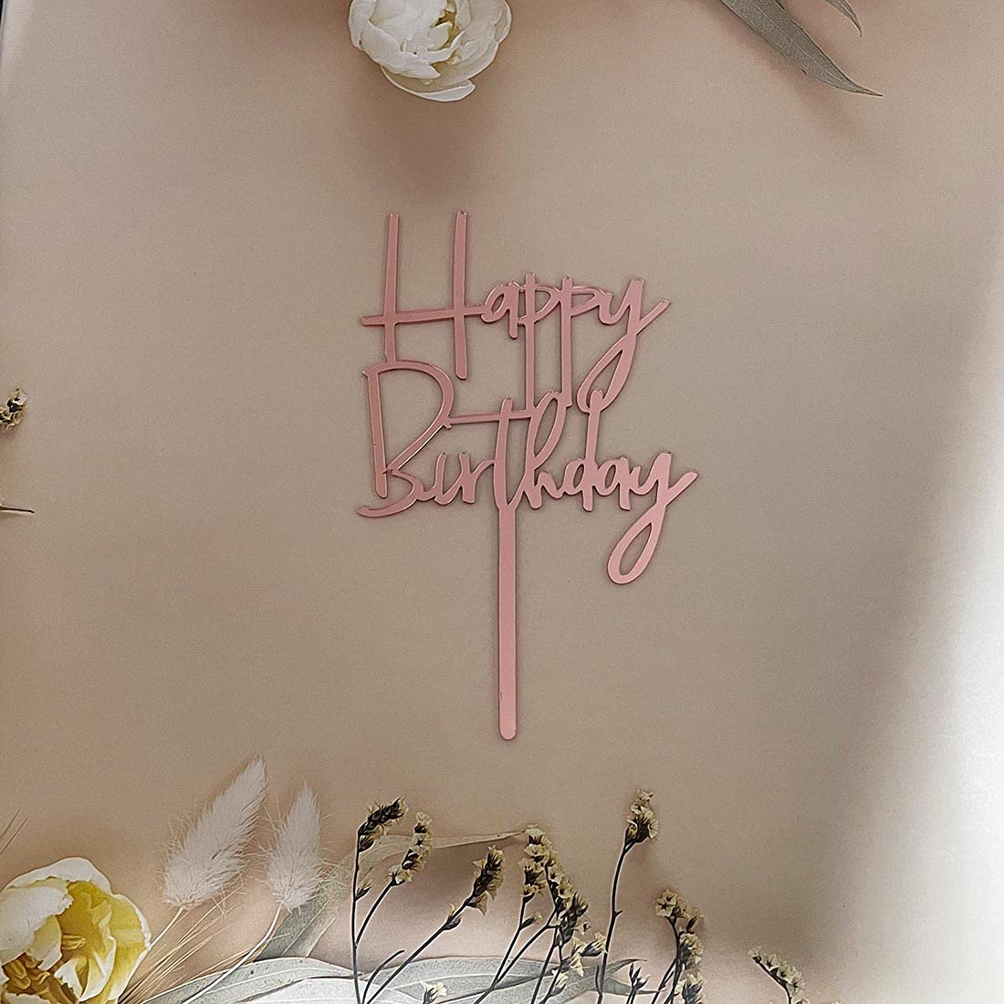 Happy Birthday Cake Topper - Rose Gold Mirror Acrylic Party Decorations for Wedding, Anniversary & Birthday Celebrations