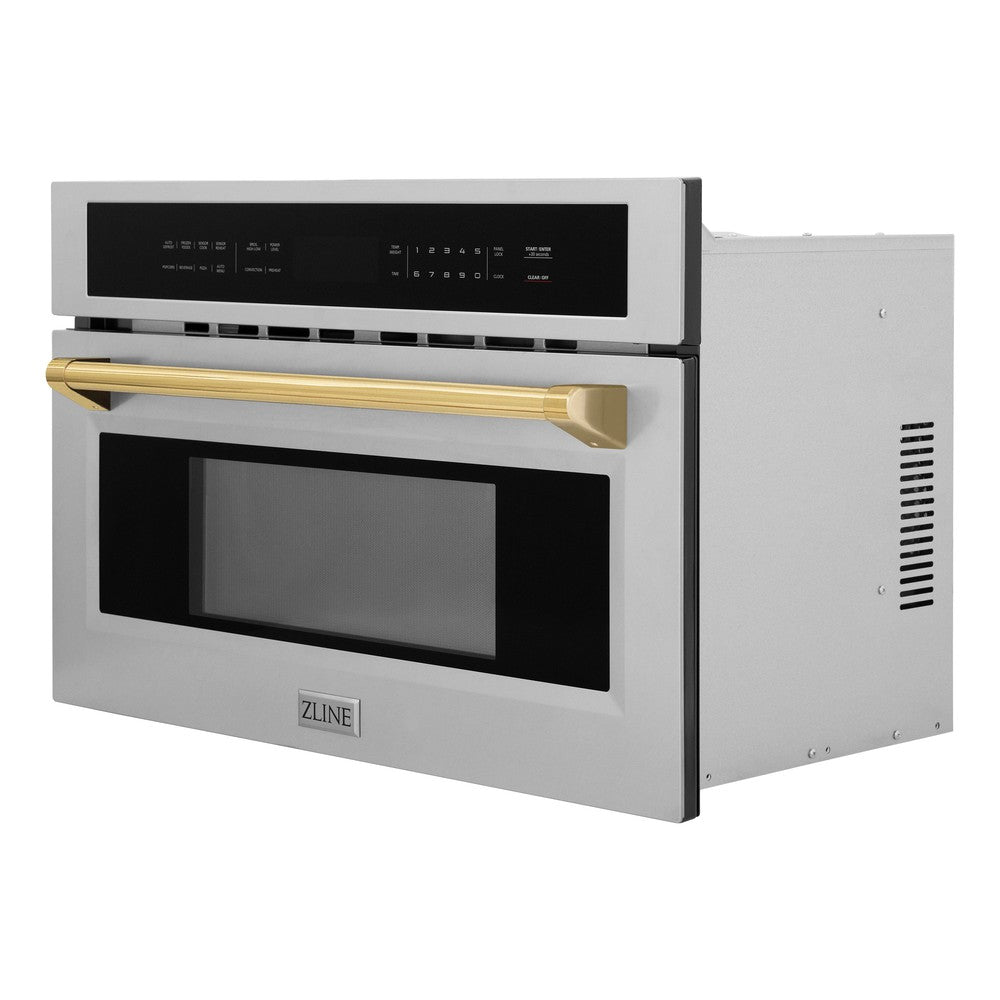 ZLINE Autograph Edition 30 Inch Built-In Convection Microwave Oven - 1.6 cu ft Stainless Steel with Polished Gold Accents (MWOZ 30 G) - Perfect for Modern Kitchens, Small Spaces & Gourmet Cooking