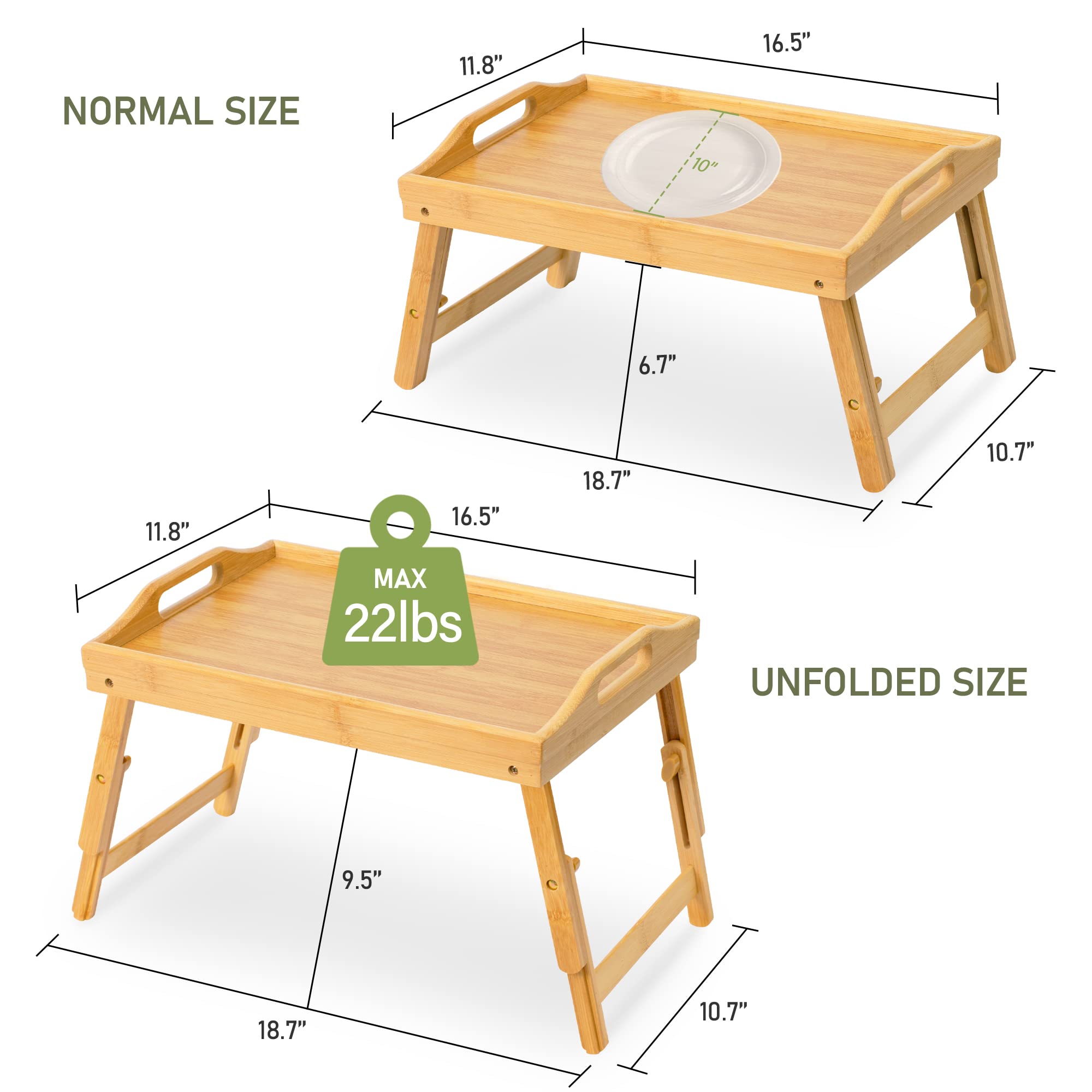Adjustable Bamboo Breakfast Bed Tray with Folding Legs - 9.5