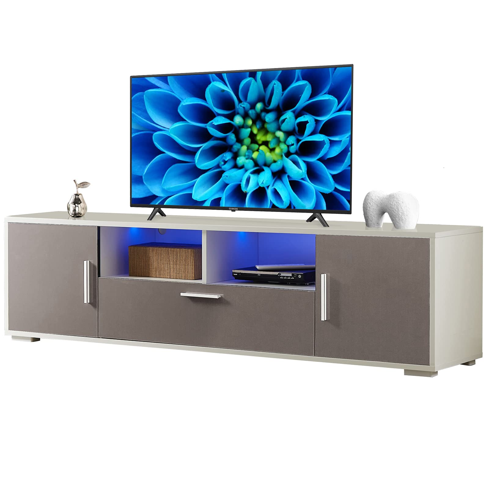 Modern TV Stand with LED Lights & Storage - High Gloss Entertainment Cabinet for 60-70 Inch TVs - Quick 30 Min Assembly - White & Gray TV Console - Perfect for Living Room, Bedroom & Home Theater Setup
