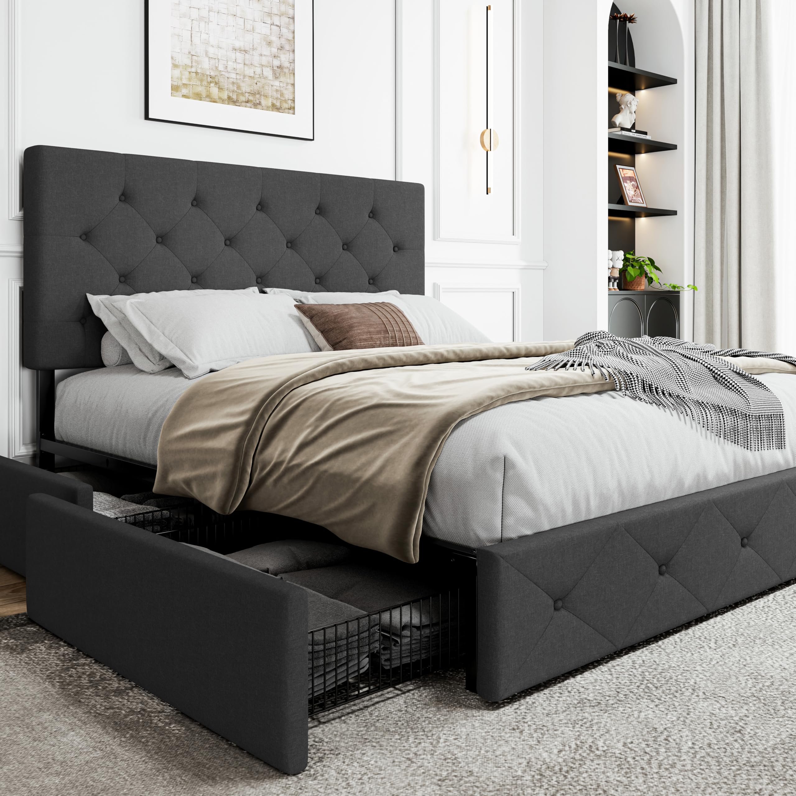 SHA CERLIN Upholstered Queen Size Platform Bed Frame with 4 Storage Drawers - Adjustable Diamond Stitched Headboard, Wooden Slat Support, No Box Spring Needed - Dark Grey Modern Bedroom Furniture for Small Space & Storage Solutions