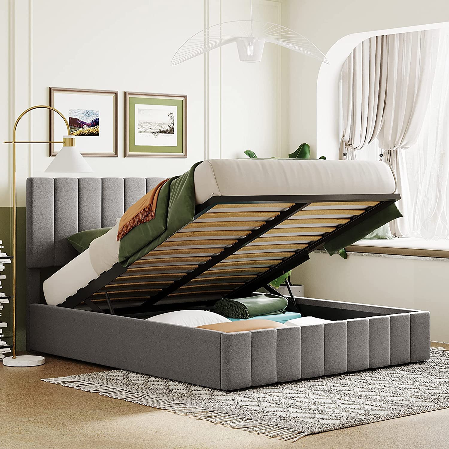 Queen Size Upholstered Platform Bed with Hydraulic Storage System - Gray Wooden Bed Frame with Tufted Headboard & Underbed Storage | Perfect for Small Bedrooms, Guest Rooms & Space-Saving Solutions