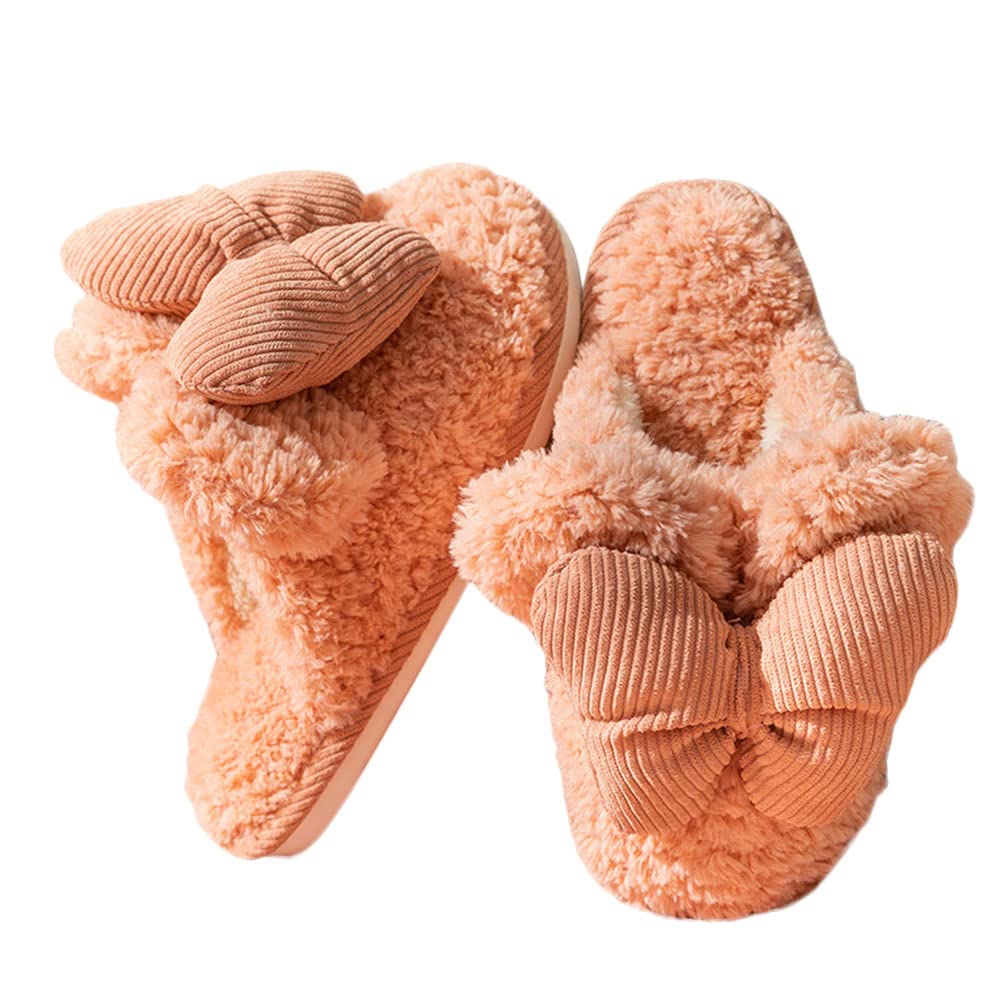 Women's Fluffy Winter Slippers with Bowknot - Soft Thick Fur House Shoes for Indoor Comfort, Warm Bedroom Slippers for Cold Weather - Perfect for Lounging at Home, Cozy Nights & Winter Relaxation