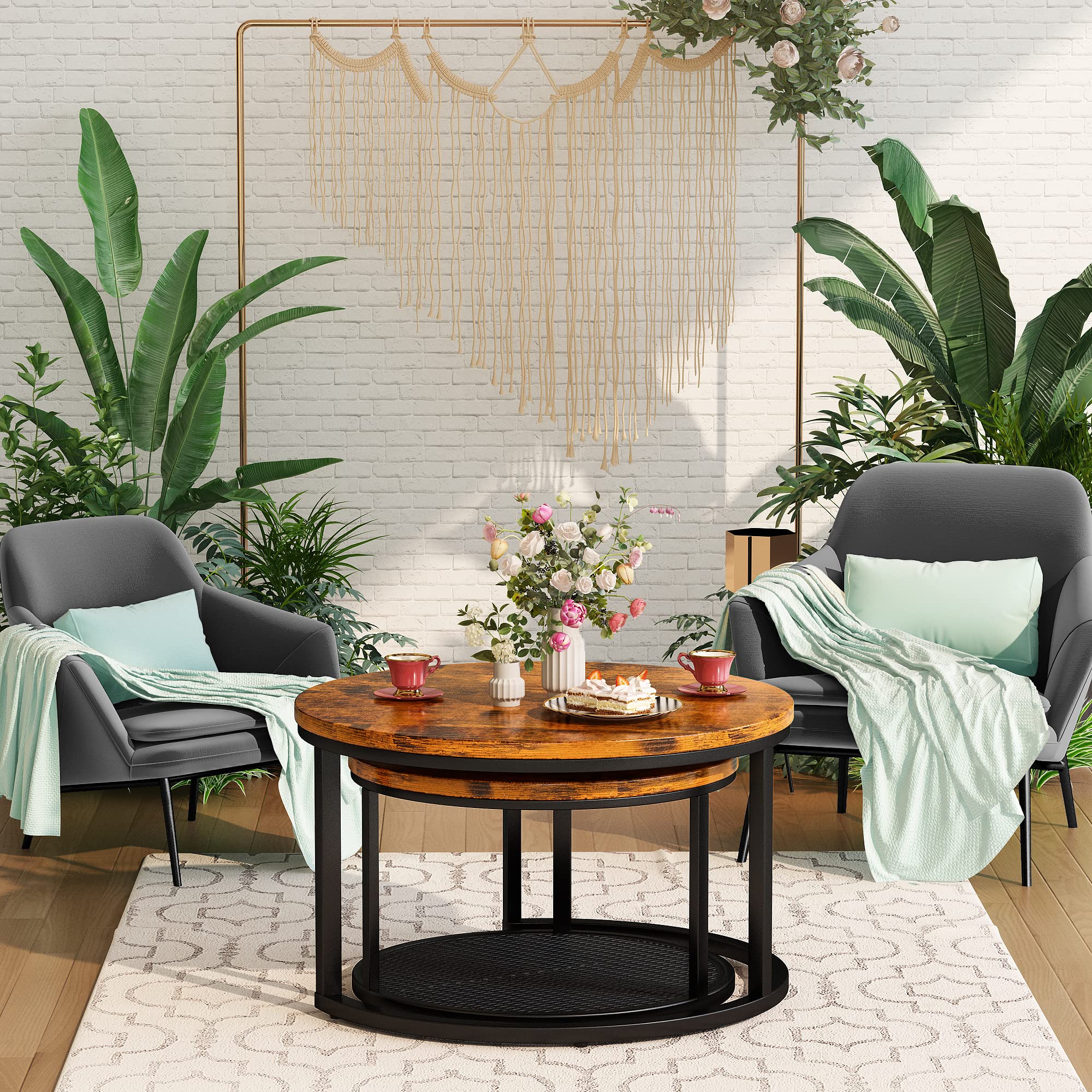 Lamerge 2-Piece Nesting Coffee Table Set - Round Rustic Brown Living Room Tables (29