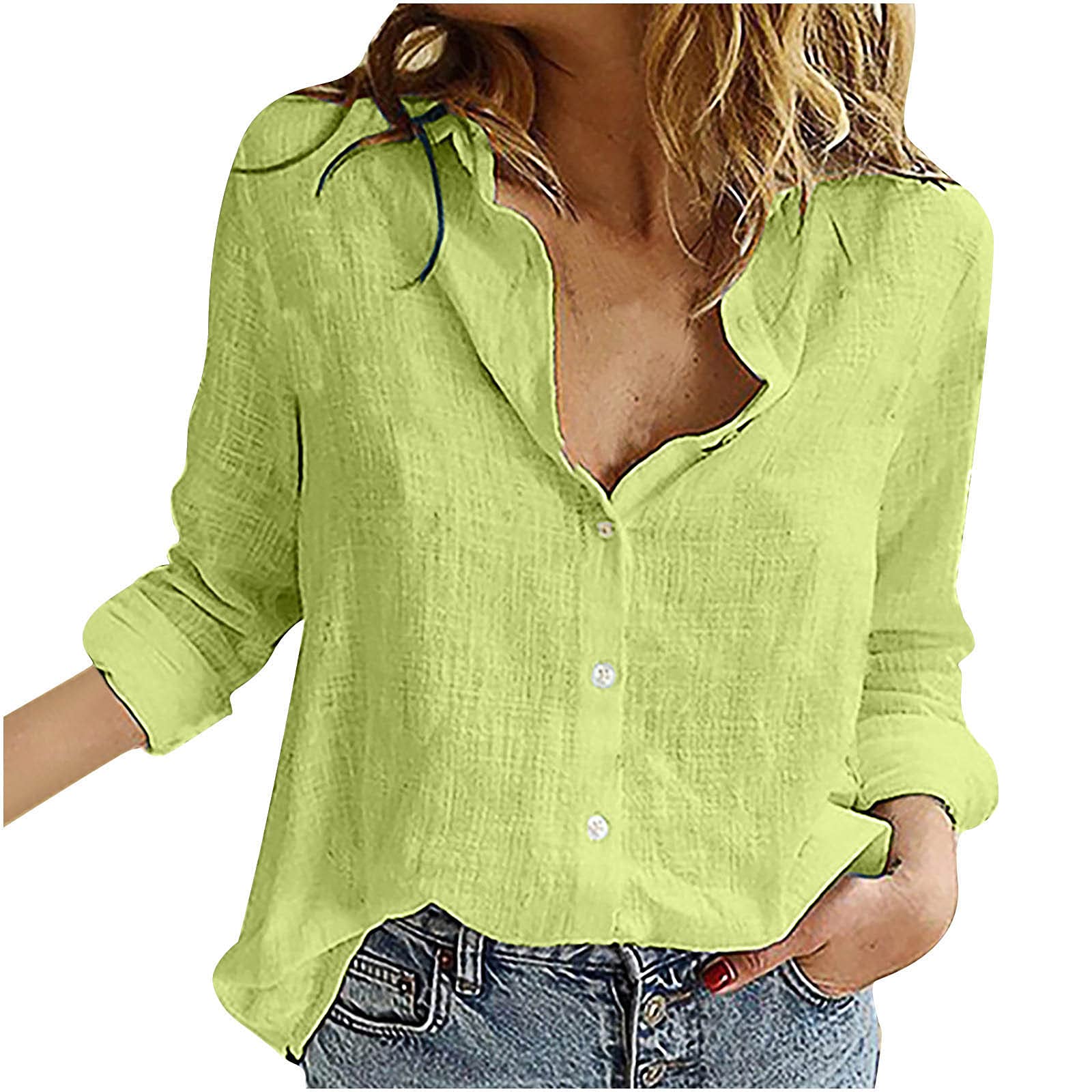 Women's Daisy Print Cotton Linen Button Down Blouse - Long Sleeve V-Neck Lapel Shirt for Casual Wear, Office & Spring Outfits