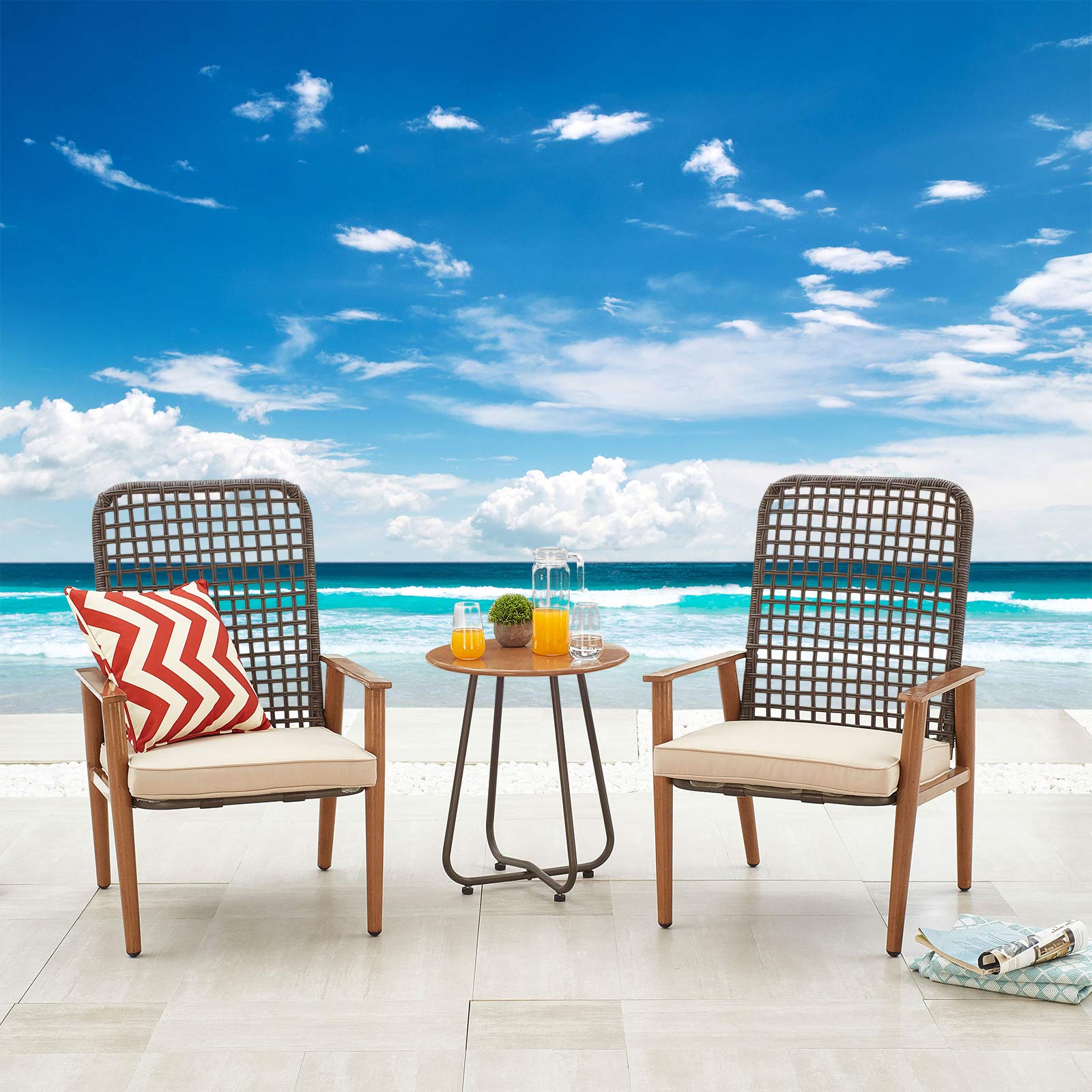 3-Piece Outdoor Bistro Set with Wooden-Color Armchairs & Metal Iron Side Table - Patio Furniture with Cushions for Garden, Cafe, or Backyard Relaxation (Khaki)