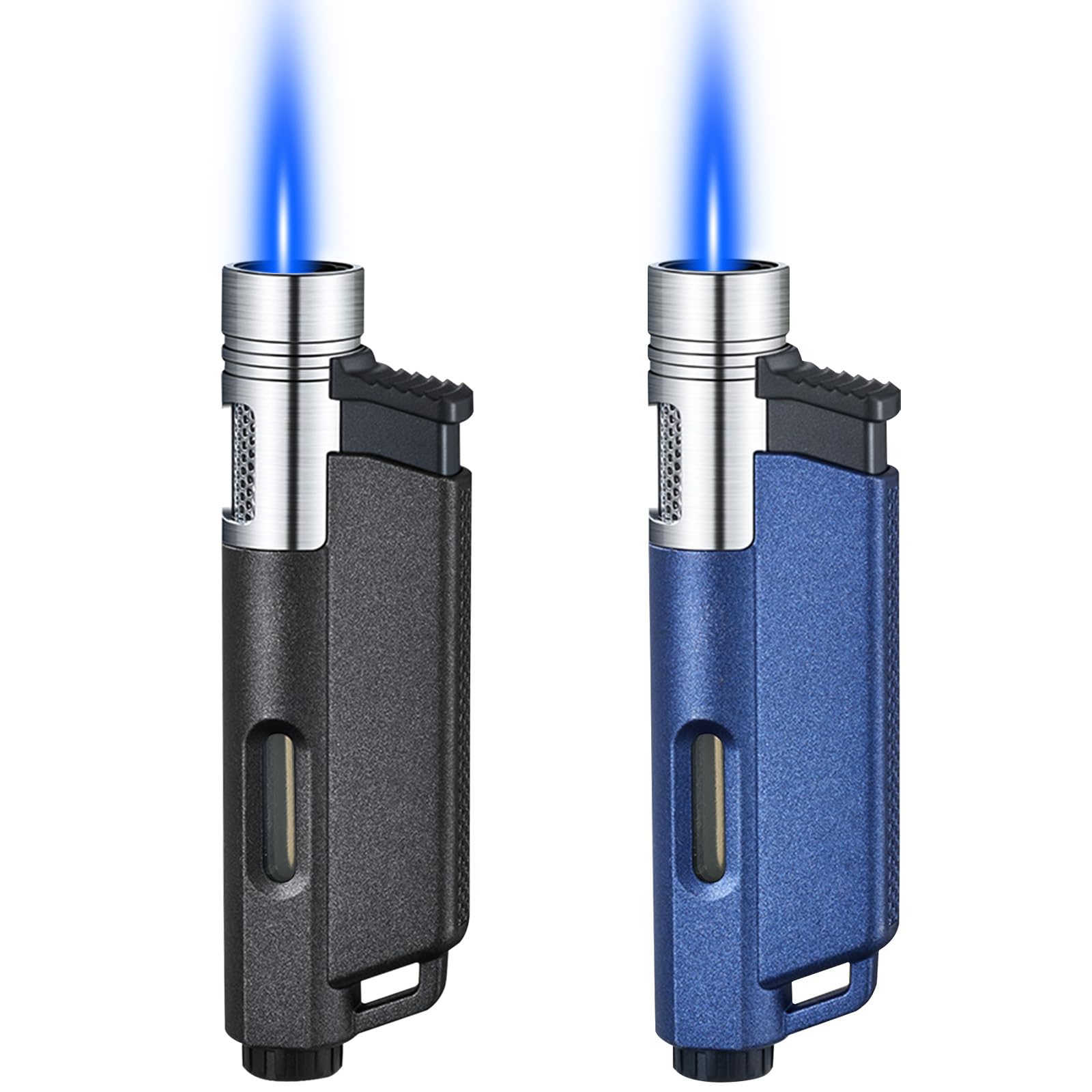 Yeuligo 2 Pack Refillable Butane Torch Lighters with Keyhole - Adjustable Flame Windproof Pocket Lighter with Visible Fuel Window for Candle Lighting, Kitchen Use, Fireplace, Fireworks & Outdoor Activities (Matte Black + Blue)
