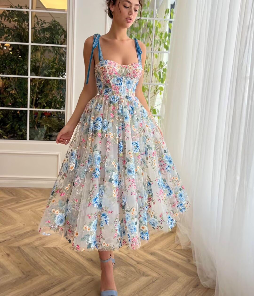 Wchecalino Women's Floral Print Tulle Prom Dress Tea Length 2025 Spaghetti Straps Formal Evening Gown - Perfect for Homecoming, Wedding Guest, Cocktail Party & Special Occasions