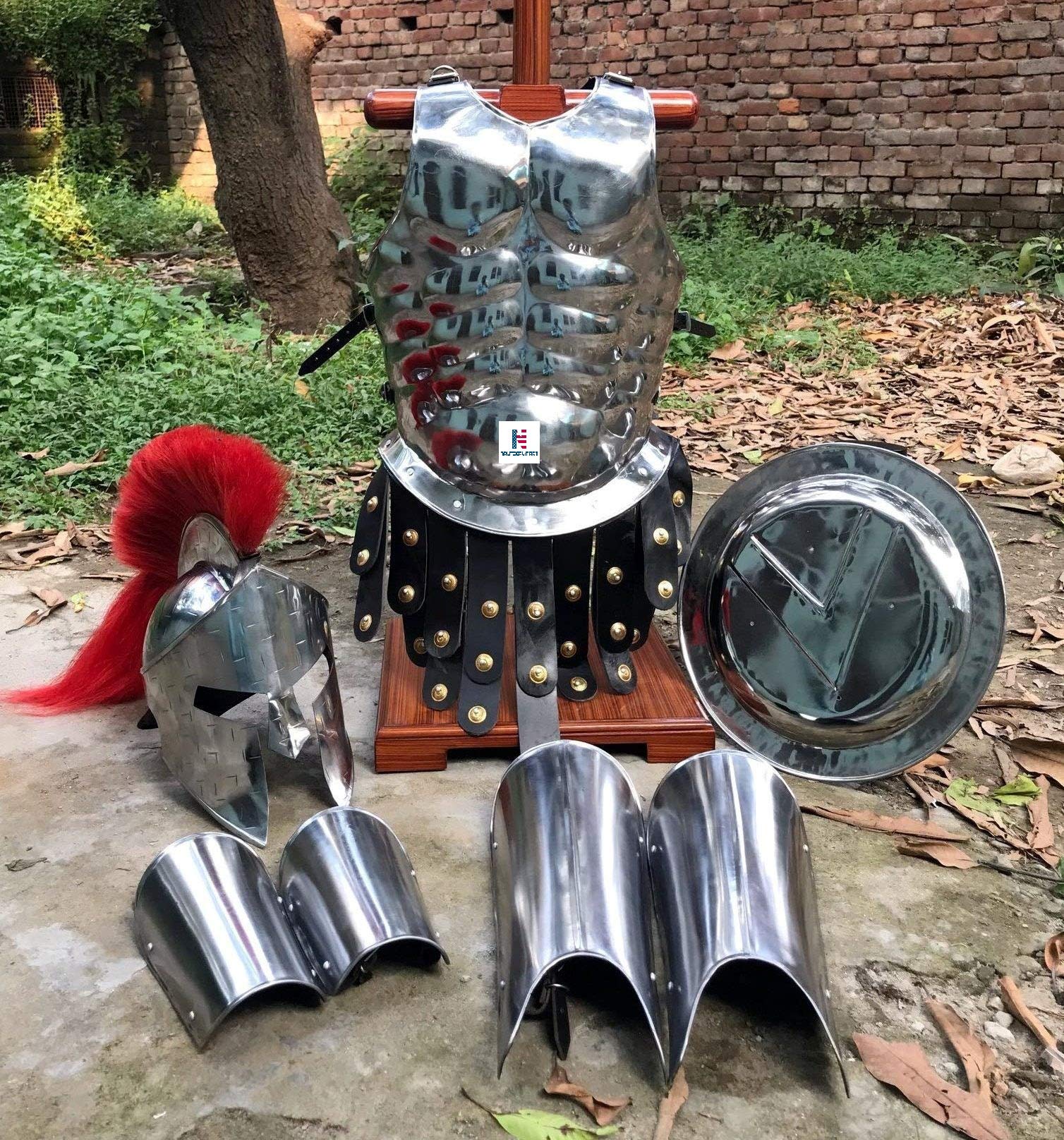 Medieval Roman King Leonidas 300 Spartan Helmet with Red Plume, Muscle Armor Cuirass, Shield & Leg Guards - Silver Halloween Costume for SCA, LARP, Cosplay & Historical Reenactment