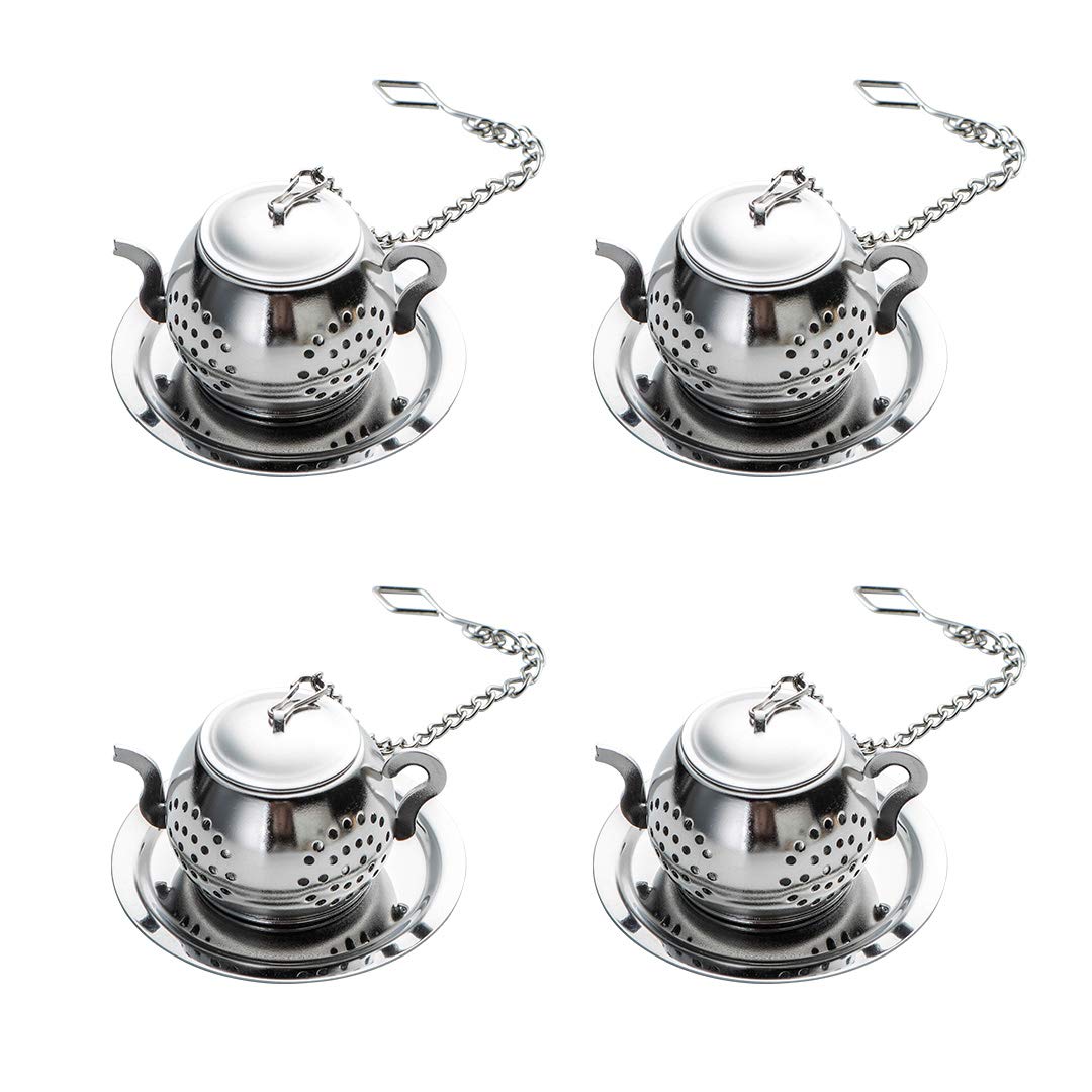 Premium Stainless Steel Tea Infuser Ball Set of 4 with Chain & Drip Trays - Fine Mesh Loose Leaf Tea Strainer for Mug, Cup, Pitcher & Teapot - Perfect for Home, Office, Travel & Gift Giving