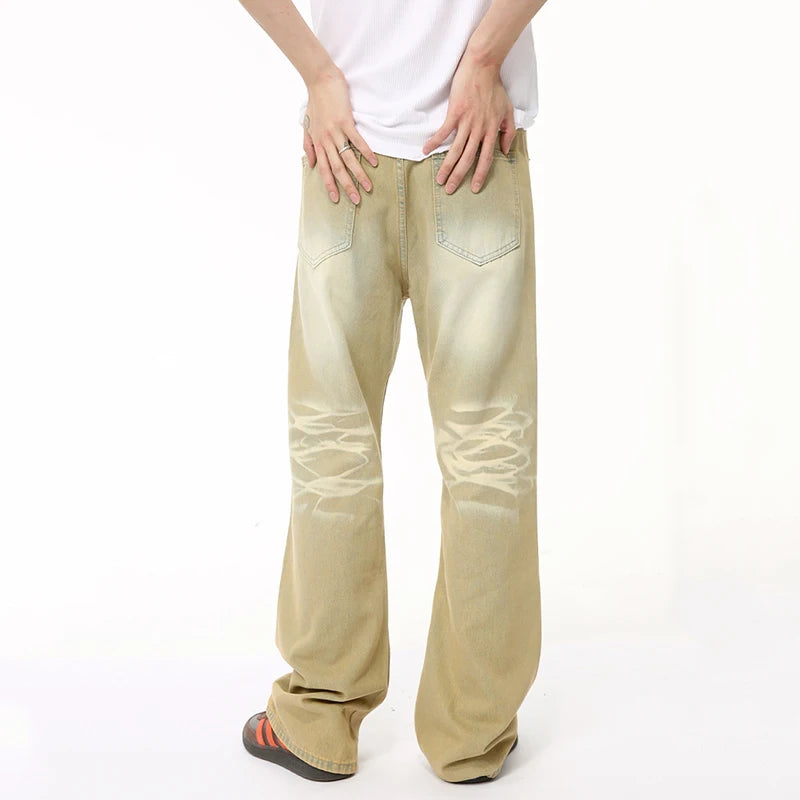 American Design Men's Denim Pants - Casual Distressed Contrast Color Straight Leg Jeans for Summer | Wide Bottom Comfort Fit (Style 9C6504) | Perfect for Streetwear, Casual Outings & Everyday Wear