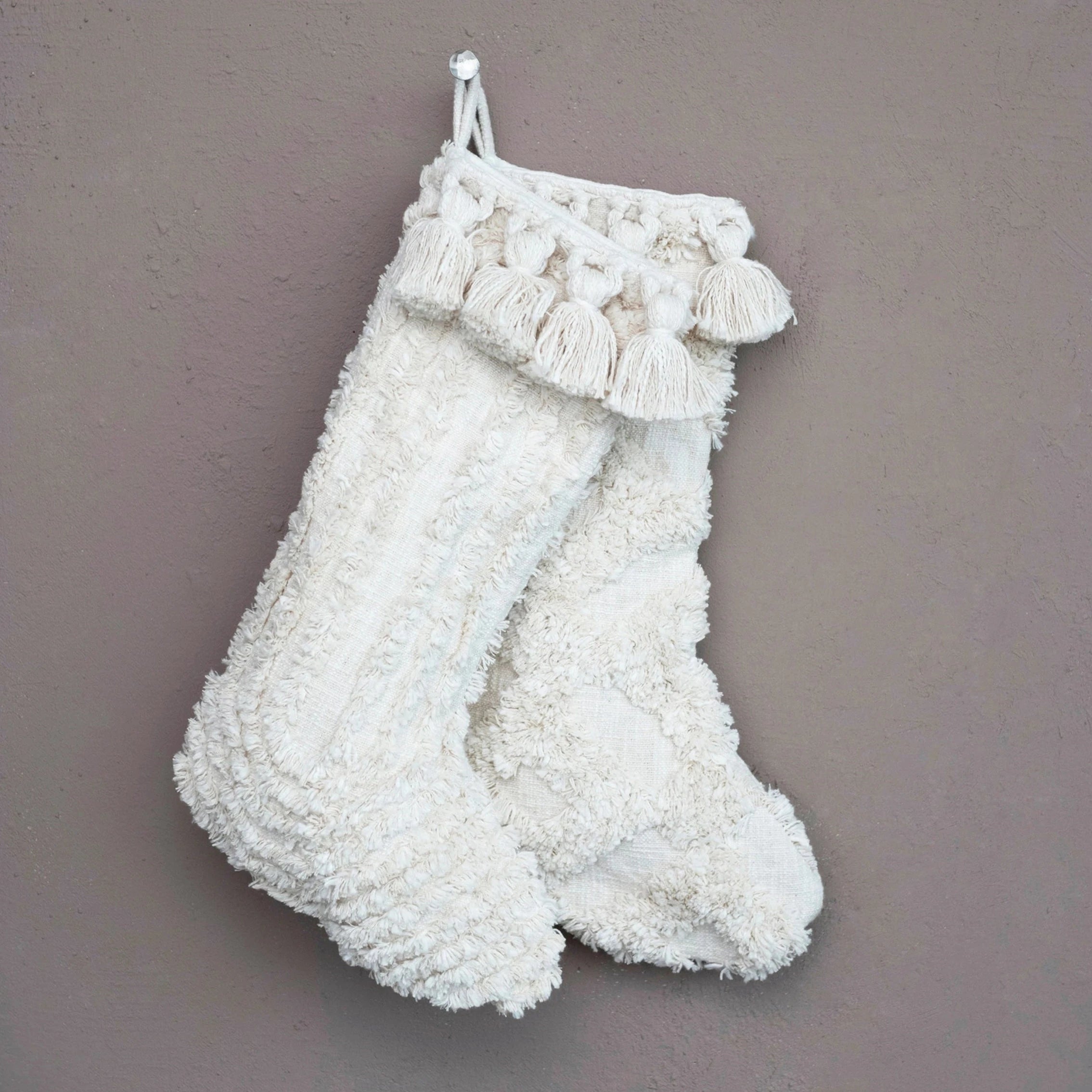 Bohemian Cotton Slub Stocking with Tufting & Tassels - Trendy Handmade Knit Socks for Women, Perfect for Christmas Gifts, Home Decor and Boho Fashion Outfits