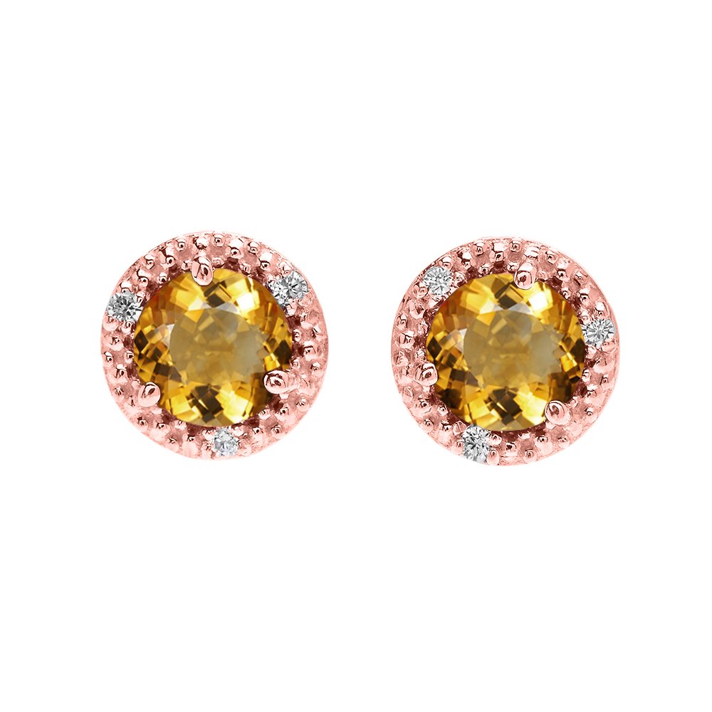 10K Rose Gold Halo Stud Earrings with Solitaire Citrine & Diamonds – Elegant Jewelry for Women, Perfect for Weddings, Parties & Everyday Wear